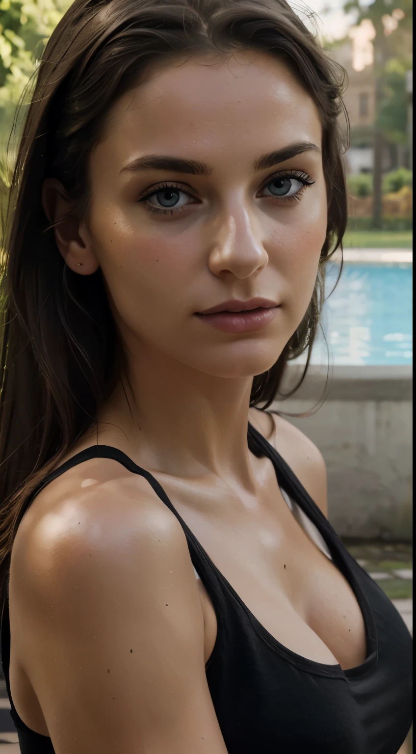 core_9, score_8_up, score_7_up, score_6_up, beautiful woman, cute face, shy, kinky smile, extreme ultra detailed perfect eyes, dark and deep blue eyes,,dark brown hair,Medium-length hair, 20yo, nose blush, big breast, eyes contact,Wearing black underwear,swimming,in a swimming pool,(Strapless bar),(Demi cup bra),(The Swim), (Thong),(head tilted),(holds her head with her arm),RAW photo,realistic,volumetric lighting, depth of field,cinematic, (full body shooting),(whole body),(long shot),