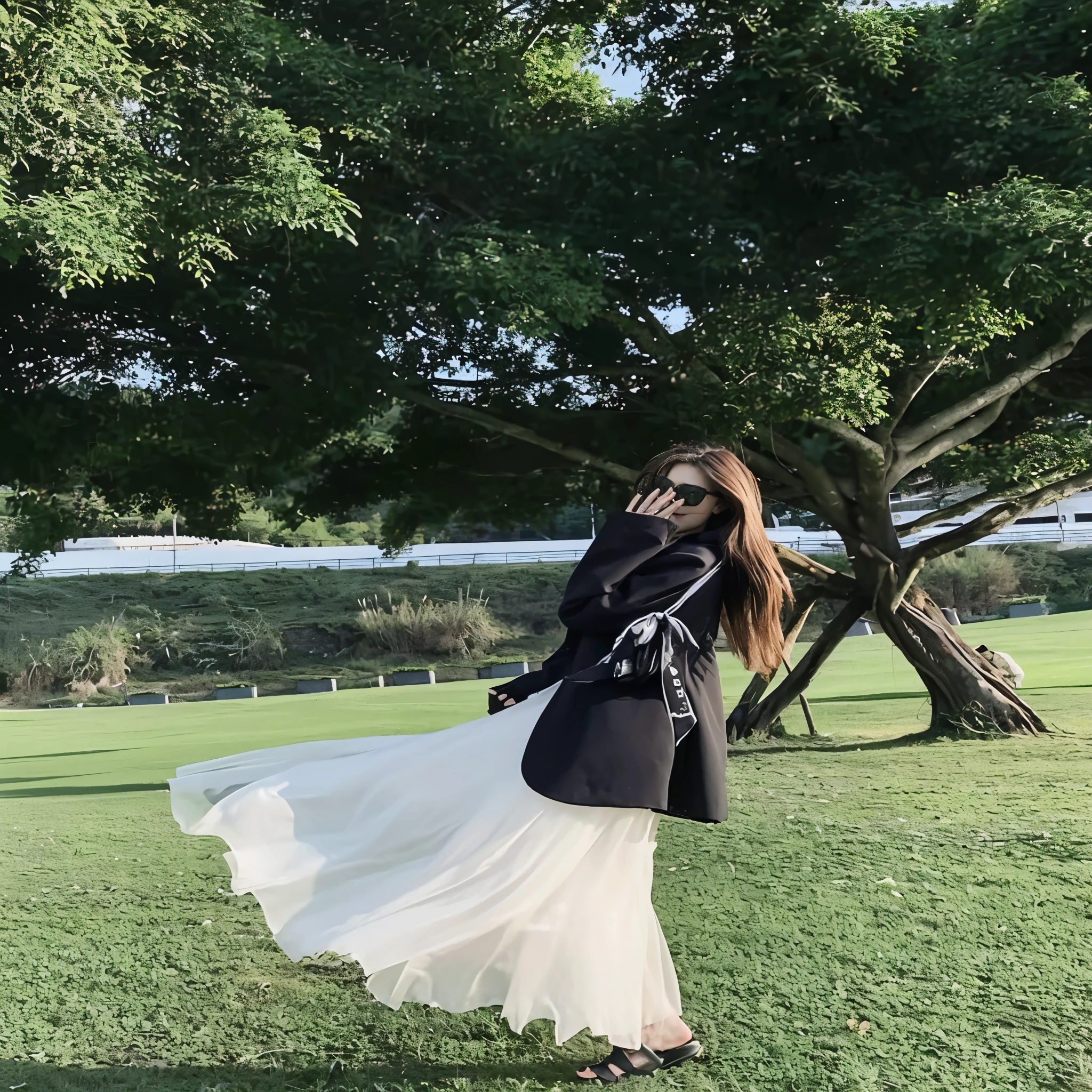 Woman wearing white dress and black jacket standing in field, Wearing a long flowing skirt, Wear long, flowing clothes, With a long black cloak, The wind is blowing and hair flowing, Bae Xiuzhi, The wind is blowing, wearing jacket and skirt, Silk flutters in the wind, Short skirt and long jacket, enjoy the wind, Windy day, The cloak flutters in the wind