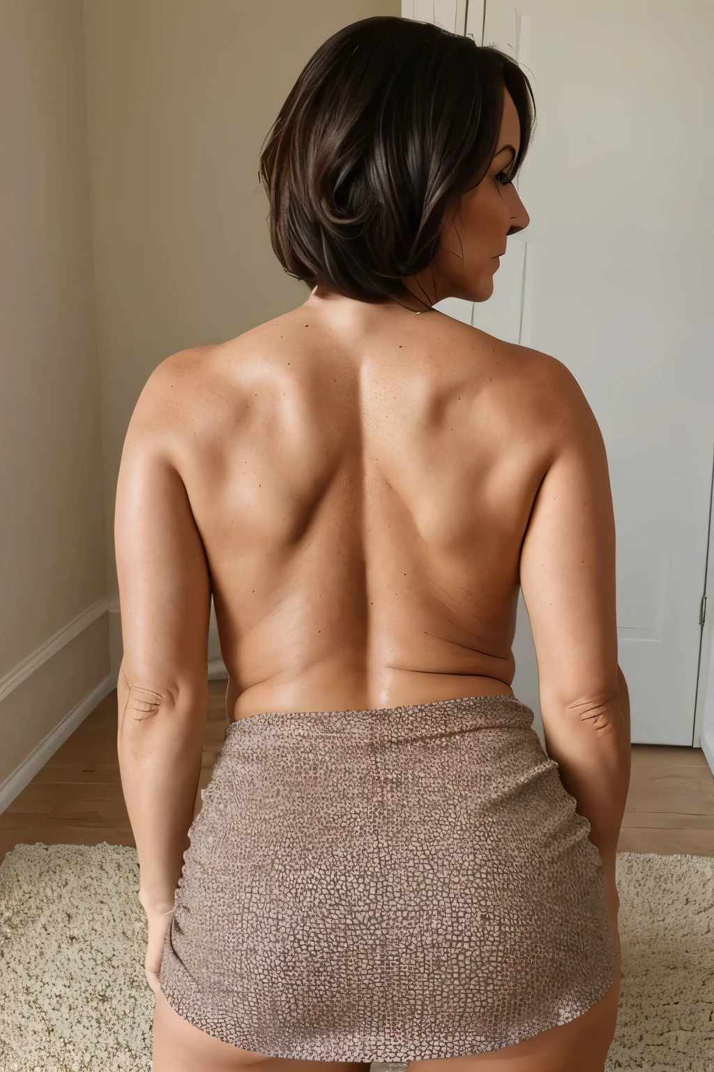 1-Effect: wrinkled skin, 2-effect: little crow'Leg detail on face, Mature woman standing, doggy style, arched back, huge and elastic hanging breasts, split, freckles, brunette, short hair, skin with many freckles, slightly noticeable at age 60 and dripping with sweat, topless, mini skirt, high heel shoes, legs to the sides, big round ass