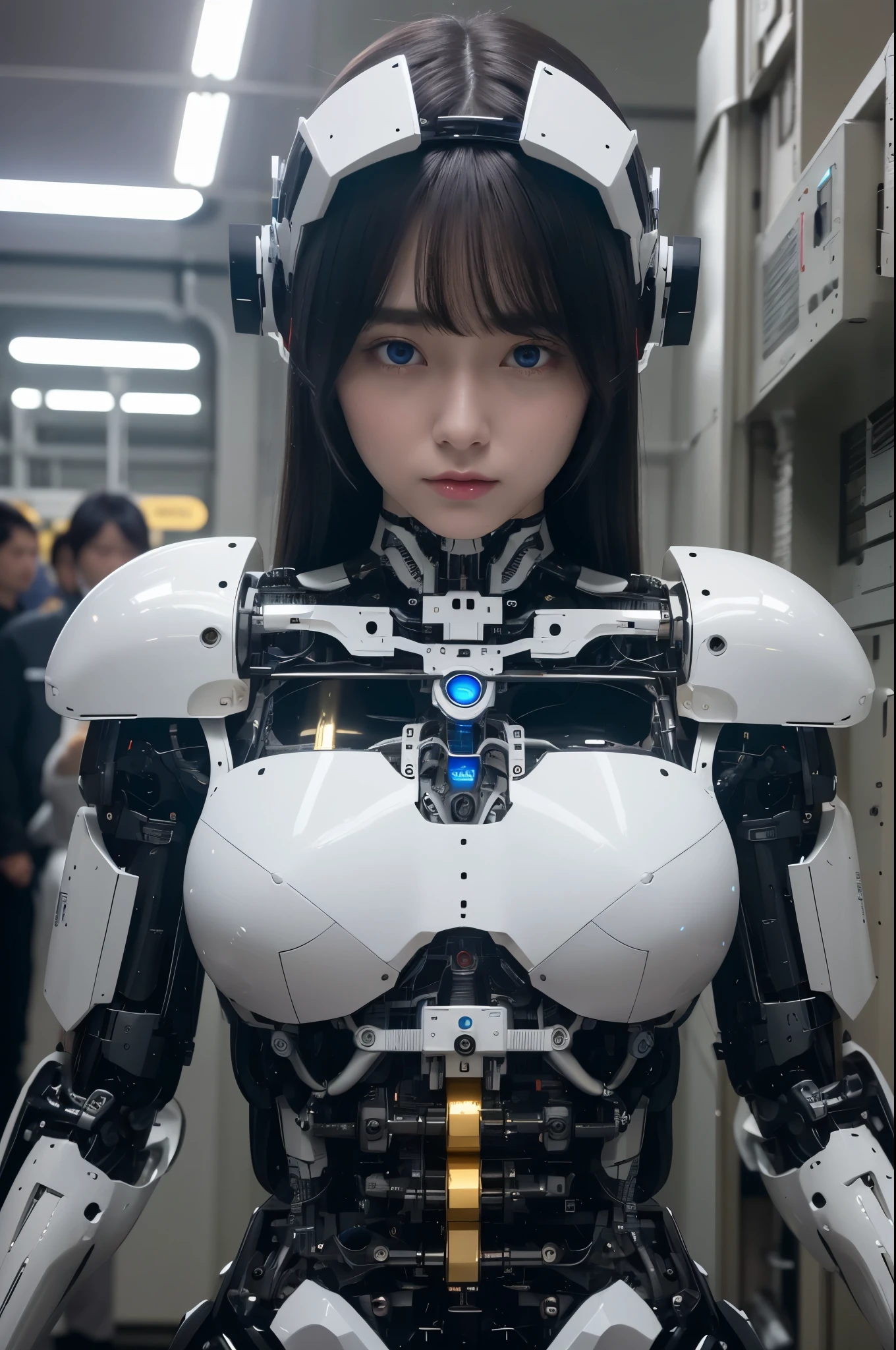 masterpiece, best quality, extremely detailed, 8K portrait,1girl in, Japaese android girl,android teacher,Plump , control panels,android,Droid,Mechanical Hand, ,Robot arms and legs, Black hair,Mechanical body,Blunt bangs,White Robotics Parts,perfect robot woman,Charging spot,perfect mechanical body,white robotics body,android assembly plant,white body,She has repaired,black sponge joints,android,laboratory,perfect machine body,white robot body,blue eyes