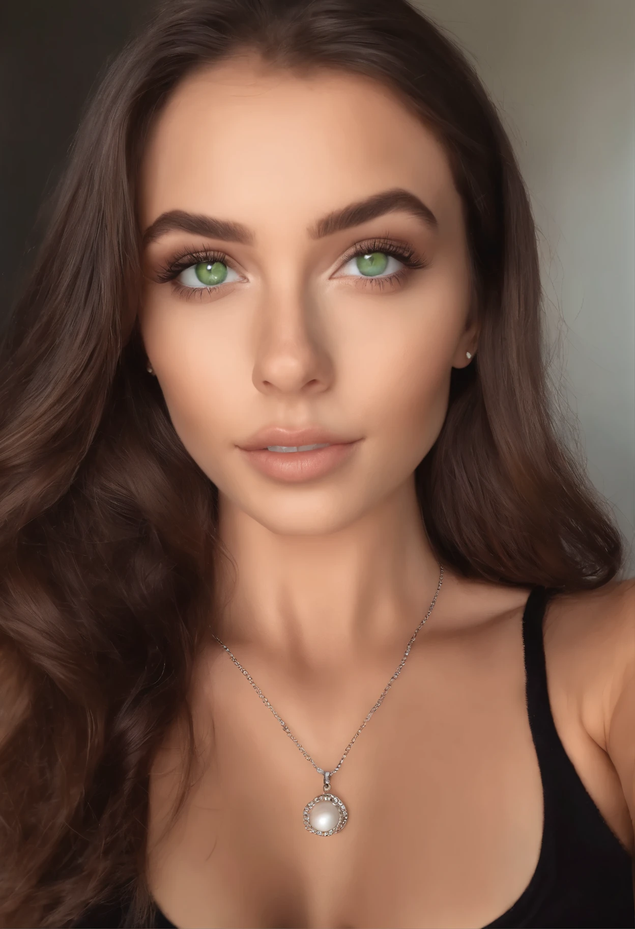 arafed woman with a white tank top and a necklace, sexy girl with green eyes, portrait sophie mudd, brown hair and large eyes, selfie of a young woman, bedroom eyes, violet myers, without makeup, natural makeup, looking directly at the camera, face with artgram, subtle makeup, stunning full body shot, piercing green eyes