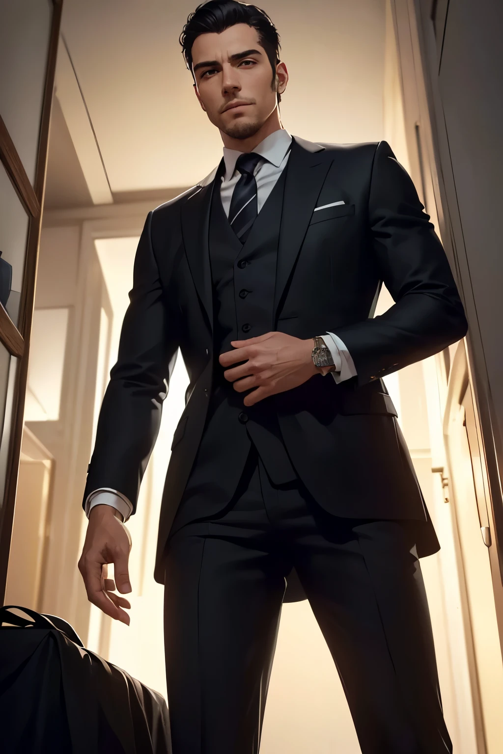 1man,low angle,from below,((1man, cool guy,suits for men)), ((masterpiece:1.4, best quality)), ((masterpiece, highest resolution)), (beautiful illustration),(short black hair), innocent smile, day, cinematic lighting,