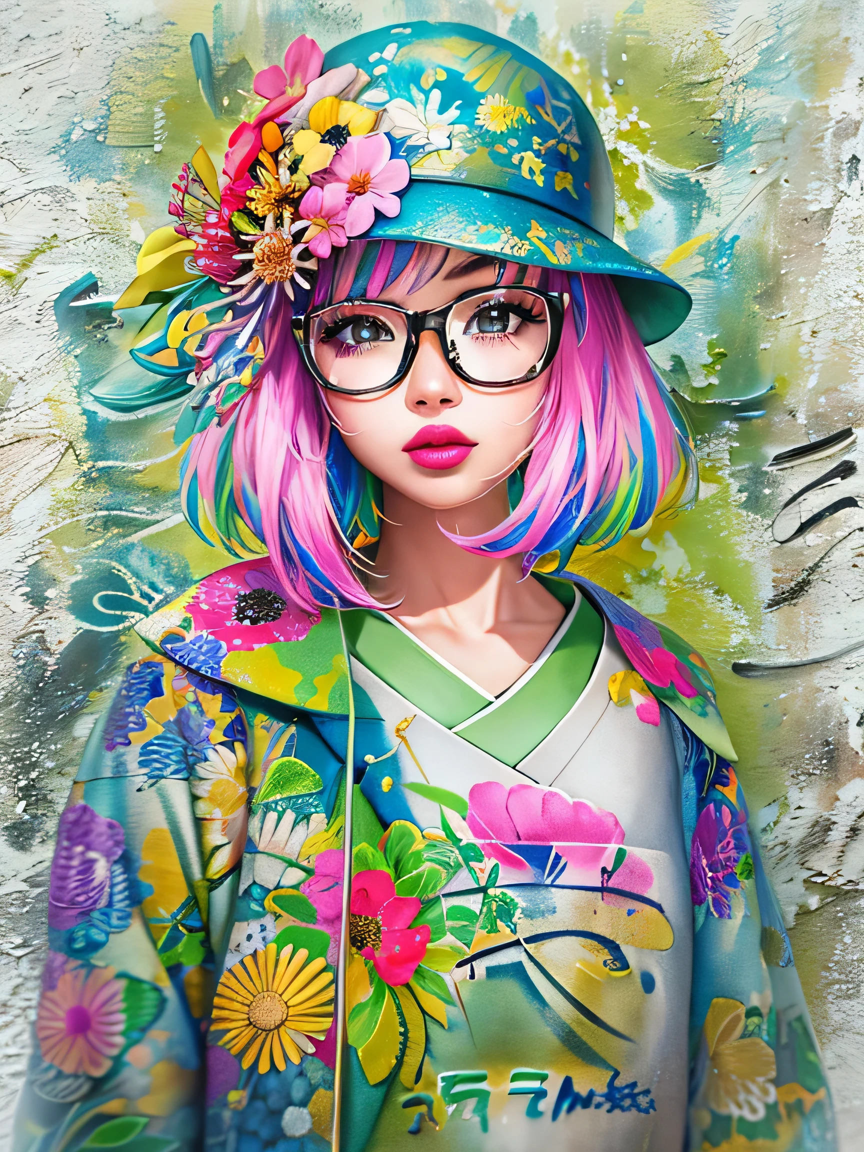 8K quality, watercolor painting, stylish design, (((The strongest beautiful girl of all time))), (((Japanese)))、Idol、clear, stylish glasses, Fashionable hats, (((highest quality))), bob hair, lips in love、, HDR, ((Detailed details)), stylish fashion, detailed clothing texture, (((graffiti art))), colorful hair, ((masterpiece))、((Super detailed))、(((colorful flowers)))