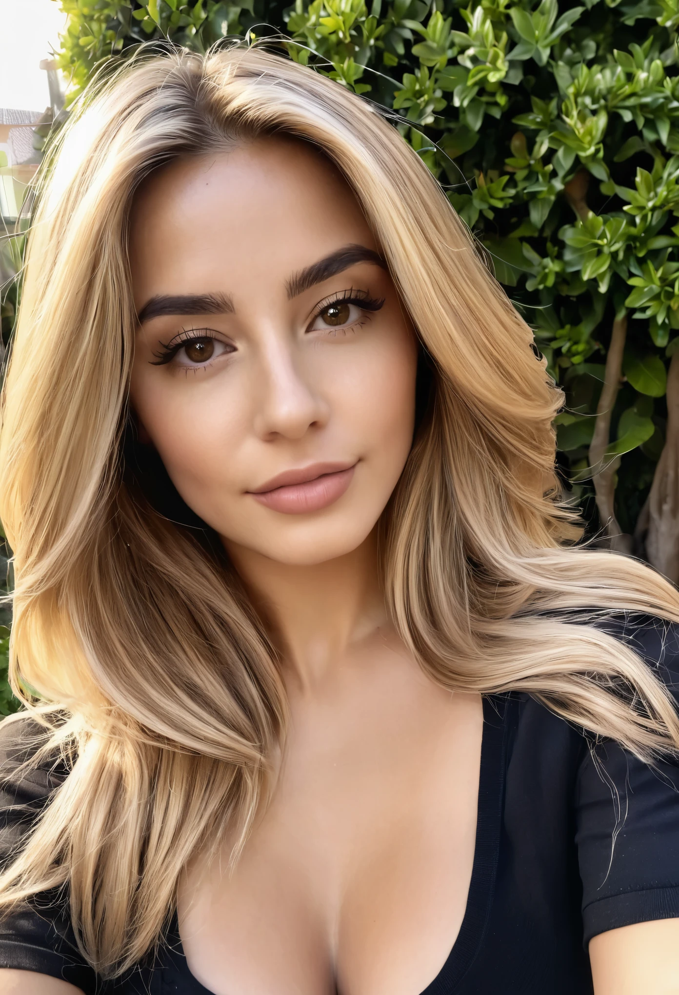A 23-year-old blonde woman, ((pechos grandes)), ((hiperrealismo)) ,. blonde hair with light brown roots. cabello rubio, Hair with brown roots, cabello extra largo, cabello muy largo, really long hair, Beautiful, Front view, selfie, photo taken with iPhone, elegant black shirt with escote, escotada, selfie in the garden, high quality, selfie iPhone, cleavage