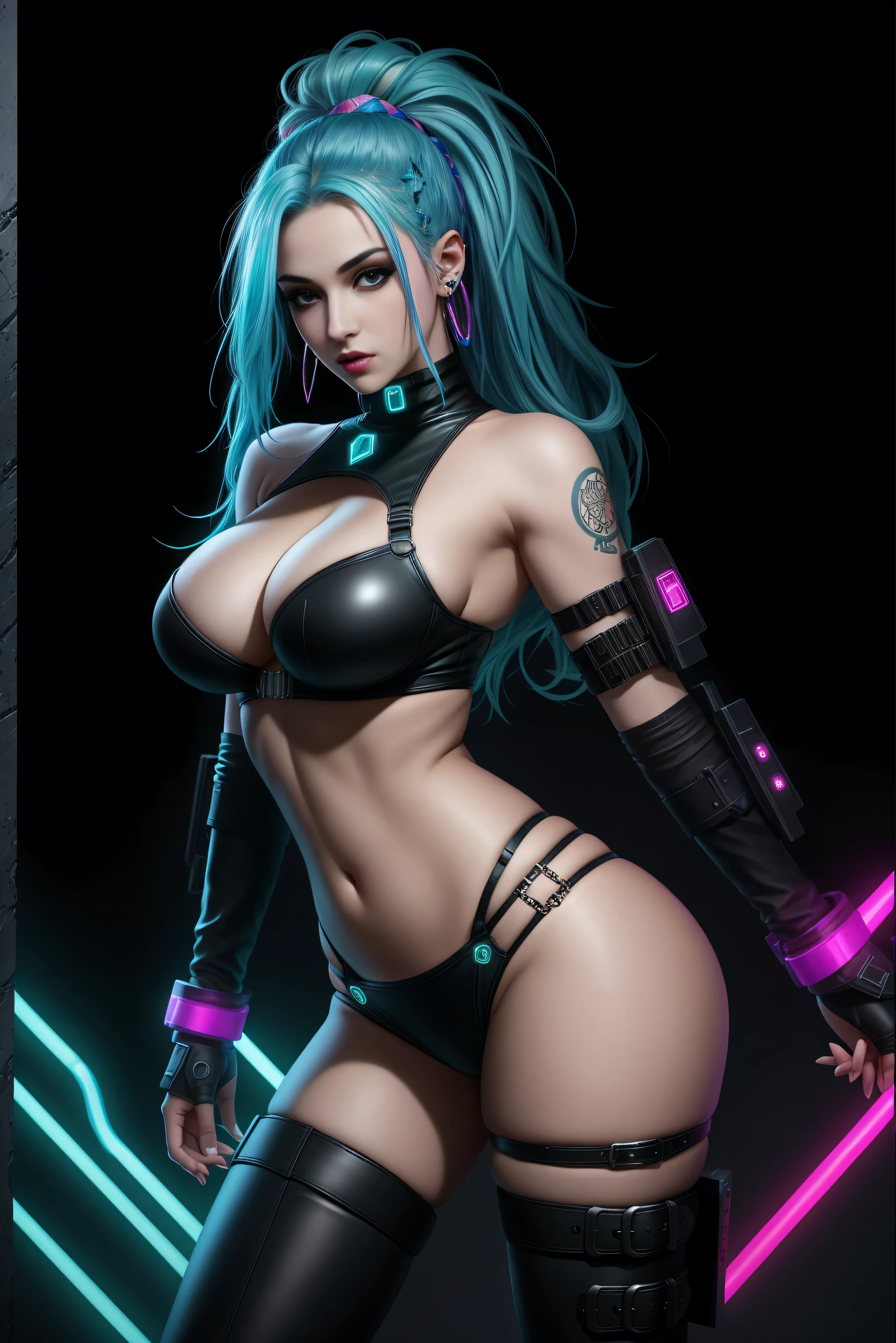 there Jinx League Legends standing, nice ass, platted blue hair, 3 d neon art of a womans body, neon-noir background, cyberpunk femme fatale, seductive cyberpunk dark fantasy, cyberpunk strip clubs, thigh high boots, cyberpunk 20 y. o model girl, oppai cyberpunk, banner, high definition cgsociety, cgsociety masterpiece, trending on cgstation, kda, random hair, looking at camera, gigantic breasts, cleavage, (high detailed skin:1.2), 8k uhd, dslr, super lighting, high quality, film grain, high res, highly detailed, hyper realistic, beautiful face, beautiful body, beautiful eyes nose lips, alluring expression, very bold, upper visible, full body photo, standing legs apart, pale translucent glowing skin, most beautiful face, cute, (well defined pubic hair:1.2)), (dark plain black background:1.4))