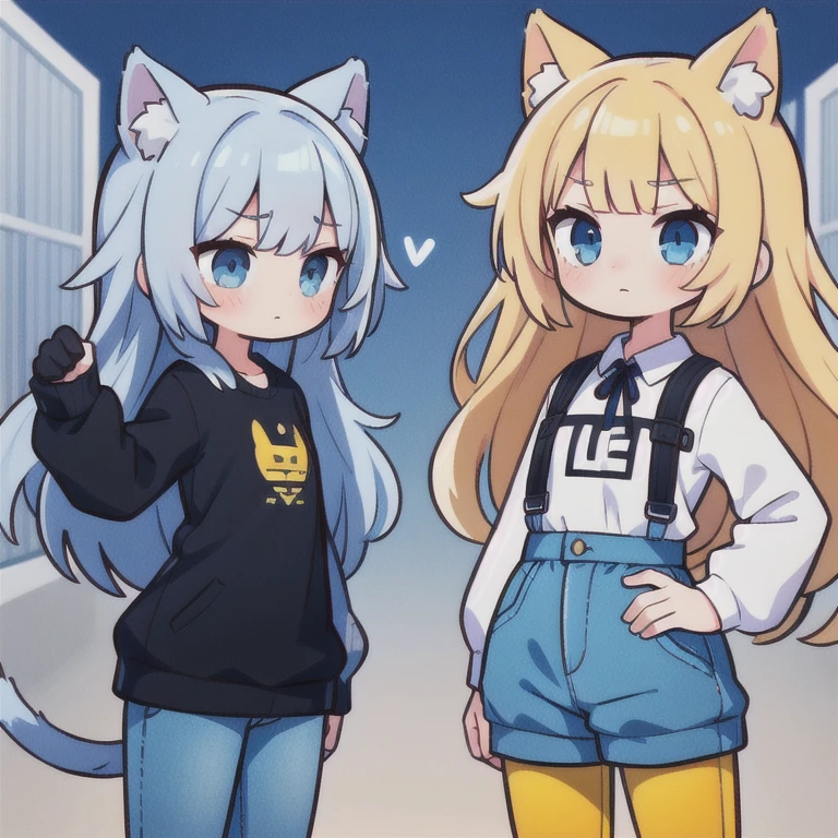 a comic, 2 girls ,Twins, they are constantly confused, 1Girl, series of eyes,  yellow hair  , himself, blue pants,  in Russian, 2girl, blue-gray eyes, yellow hair, black cat ears and black tail, blue pants , not very irritated, a comic in Russian,  a comic, 4 parts