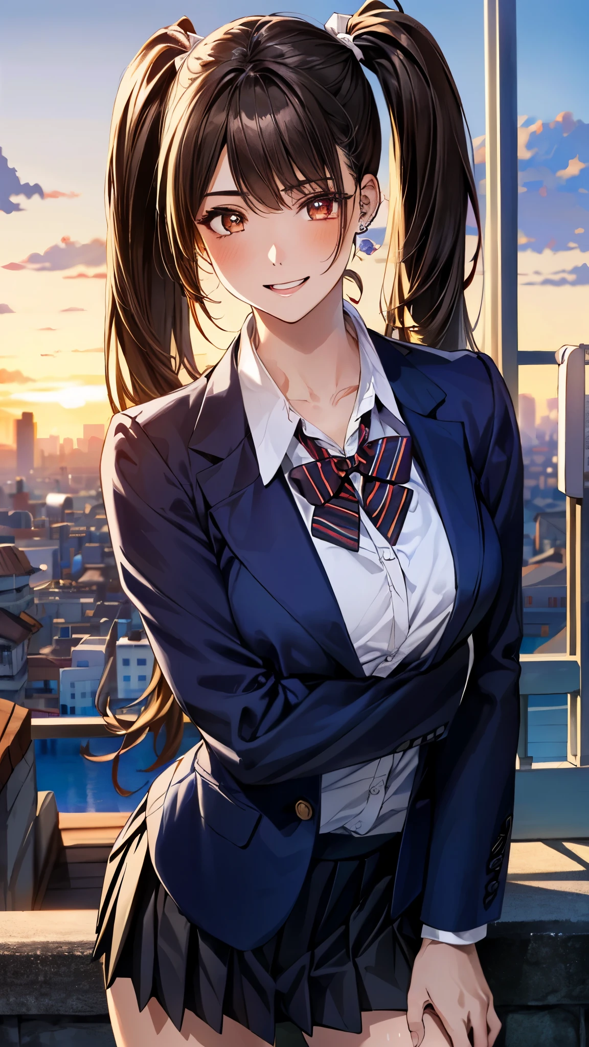 (masterpiece:1.3, top-quality, ultra high res, ultra detailed), (realistic, photorealistic:1.4), beautiful illustration, perfect lighting, colorful, depth of fields,
beautiful detailed hair, beautiful detailed face, beautiful detailed eyes, beautiful clavicle, beautiful body, beautiful chest, beautiful thigh, beautiful legs, beautiful fingers,
looking at viewer, front view:0.6, 1 girl, japanese, high school girl, perfect face, (perfect anatomy, anatomically correct), cute and symmetrical face, face, , shiny skin,
(long hair:1.5, twintails:1.5, rosy brown hair), asymmetrical bangs, brown eyes, long eye lasher, (medium breasts), slender,
((navy blazer, collared white shirt, navt pleated skirt)), dark red bow tie, piercing,
(beautiful scenery), evening, (city, cityscape in the distance), standing, (hand on chest), (happy smile, parted lips),