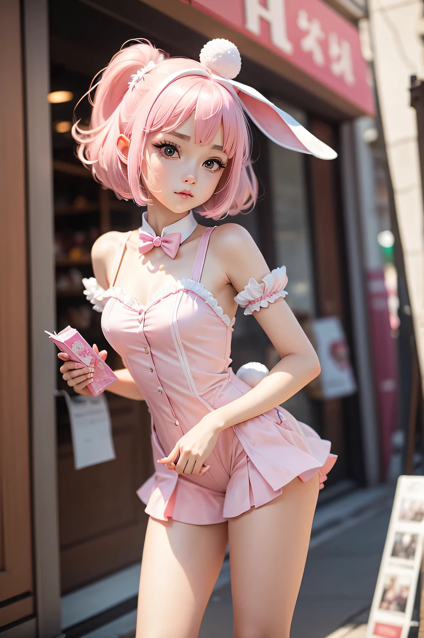 pretty girl, girl dressed as a rabbit, long ears, white rabbit, pink short hair 