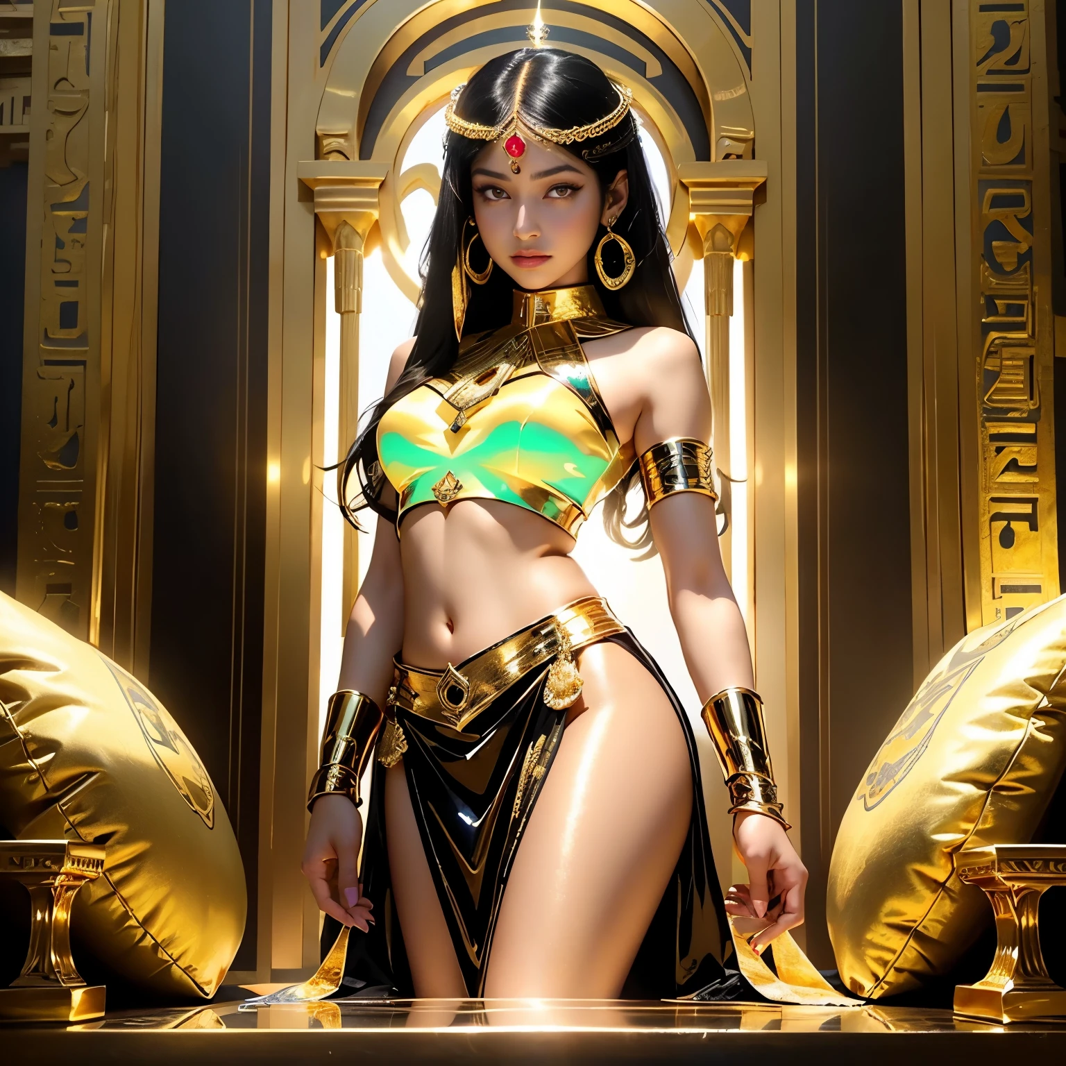 cleopatra, egyptian queen, light brown eyes, glowing eyes, black glossy hair, long hair, resting on a cushion, golden dress, glowing dress, egyptian palace, golden ornaments, look of pride, lower point of view, lens flares, raytracing reflexes, iridiscente reflexes, glossy diamond earrings, navel, golden saron skirt