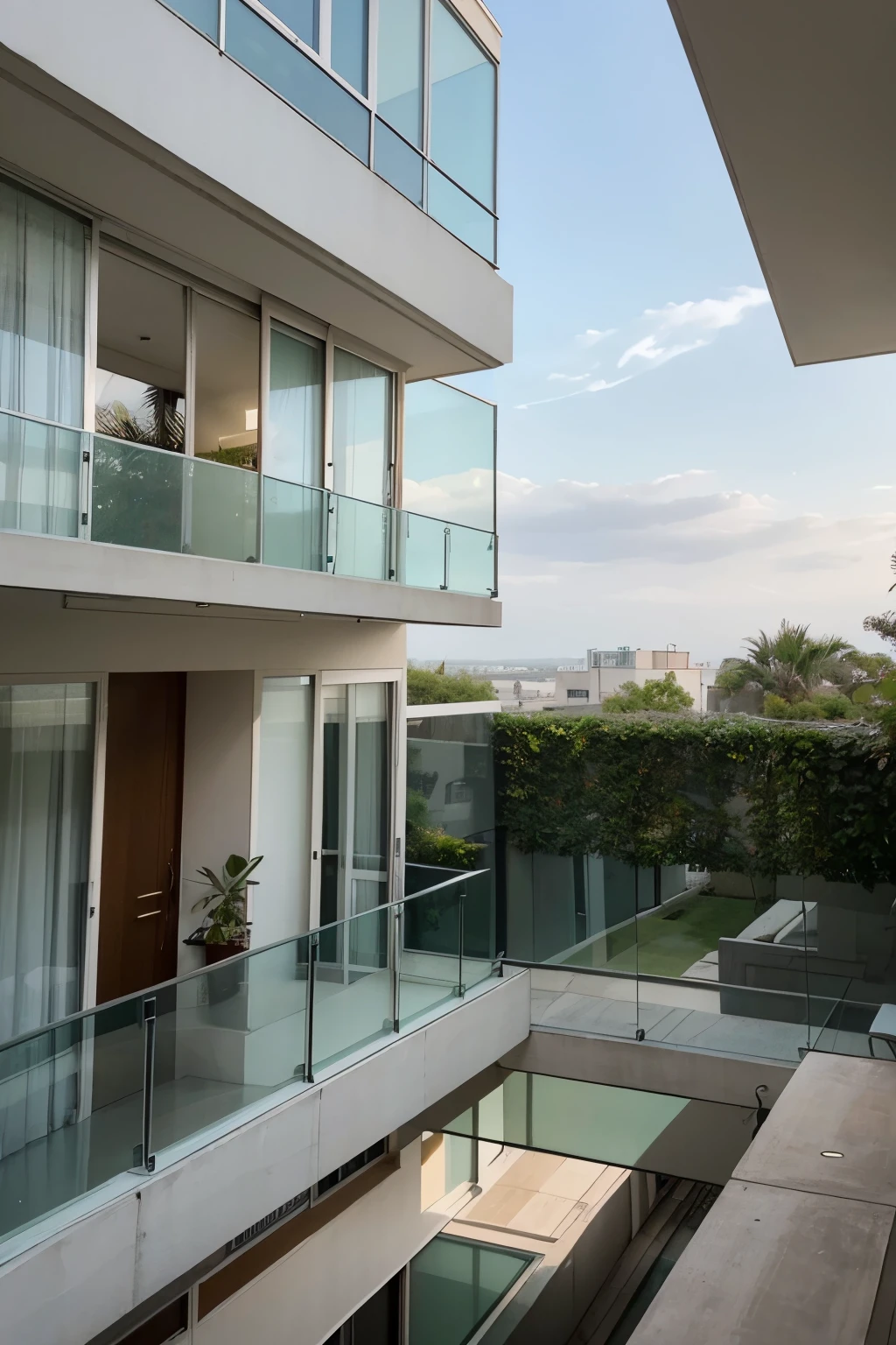 vue araffe d'une maison moderne avec un grand balcon et un balcon, plants on Balcons, condo moderne et luxuriant comme vitrine, Concrete balcony, Balcons, garde-corps en verre, Balcon, crenellated Balcons, plein de façades en verre clair, beaucoup de grandes fenêtres, glass windows, large glass windows, beaucoup de détails en verre