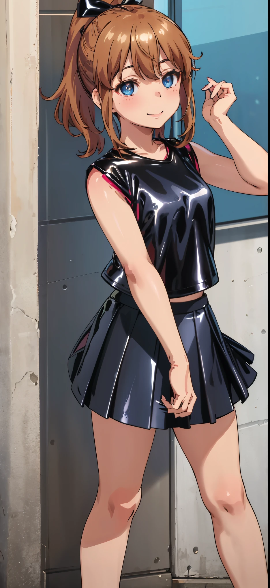 best quality, (masterpiece:1.2), highly detailed, standing, street,
1girl, solo, akatsuki minami,
looking at the viewer, closed mouth, smile, slight blush,
blue eyes, brown hair, ponytail, hair bow, sleeveless, (((dominant girl, latex skirt,  latex shirt )))