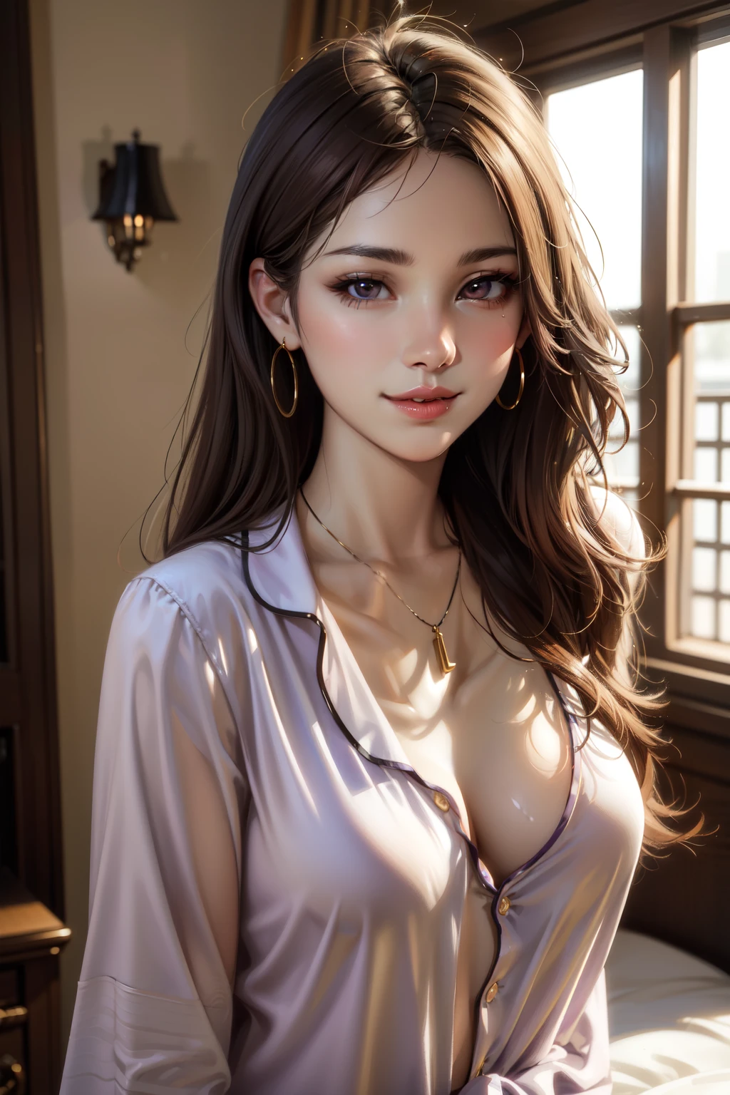 (best quality, 8k,32k,masterpiece, UHD:1.2),extremely detailed CG unity 8k wallpaper,intricate details,Raw photo,(photorealistic:1.4),atmosphere,ultra high res,Realistic,Real,Huge_filesize,incredibly absurdres,(centered:1.3),Ultra illustration,(ultra-detailed),cinematic lighting,various colors,depth of field,art by krenz cushart,golden hour lighting,taken by Canon EOS,SIGMA Art Lens 35mm F1.4,ISO 200 Shutter Speed 2000,blurry background,
BREAK,
1girl,(smile:1.3),slim body,(long straight hair:1.4),solo,20-year-old Japanese beautiful woman,(purple pajamas:1.5),(brown hair:1.5),((brown eyes)),Large breasts,chest, Soft white skin that shines with every detail,pale skin,Very beautiful face,Very well-formed face,Natural and realistic face,Best,beautiful detailed eyes,striking eyes,Eyes drawn in detail, smile with your mouth closed,Detailed mouth,Detailed lips,shiny beautiful lips,Glossy lips,simple earrings,necklace,jewelry, solo focus,low neckline,
BREAK,
Back lighting,kool,Standing,
BREAK,
(Dutch angle:1.4),cowboy shot,looking at viewer,
BREAK,tzuyu,yui aragaki,