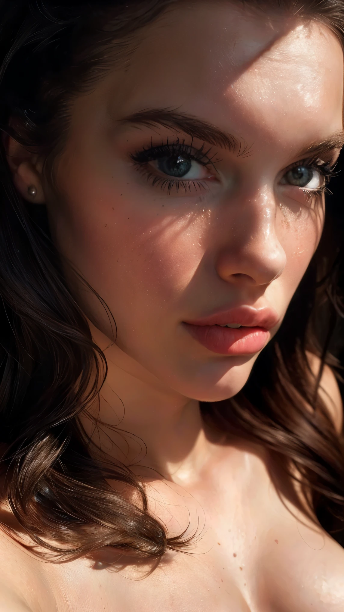(((ultra realistic))) Photo, masterpiece, top quality, (pale skin), (Ultra detailed face and eyes:1.3), 1 girl, Adult, in a T-shirt, (Eye makeup, mascara) , ((large detailed lips)), ((Dark wavy hair)), ((Chyolka)) , (Natural breasts), Slim waist. ((Posing)), photoshoot, studio (soft lighting), (The play of light and shadows), depth of field, bokeh, (special attention to skin detail: 1.2), ((close-up portrait, close to the camera top view)) , ultra detialed,