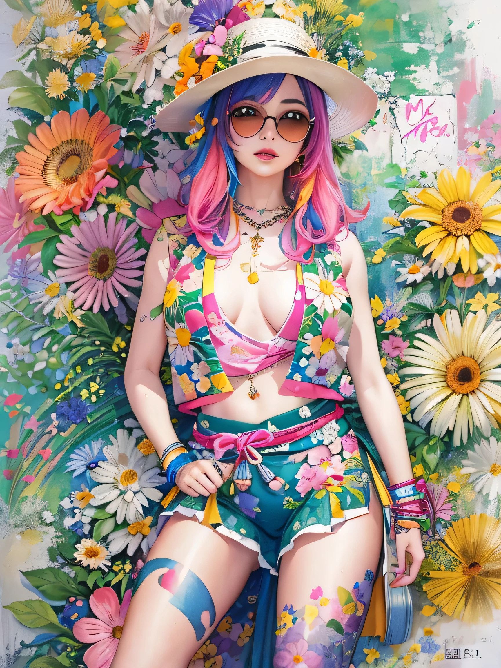 8K quality, watercolor painting, stylish design, (((The strongest beautiful girl of all time))), (((Japanese)))、Idol、clear, Stylish sunglasses, Fashionable hats, (((highest quality))), bob hair, lips in love, HDR, ((Detailed details)), stylish fashion, detailed clothing texture, (((graffiti art))), colorful hair, ((masterpiece))、((Super detailed))、(((colorful flowers)))、Navel exposure、I can see your 、Fashionable underwear