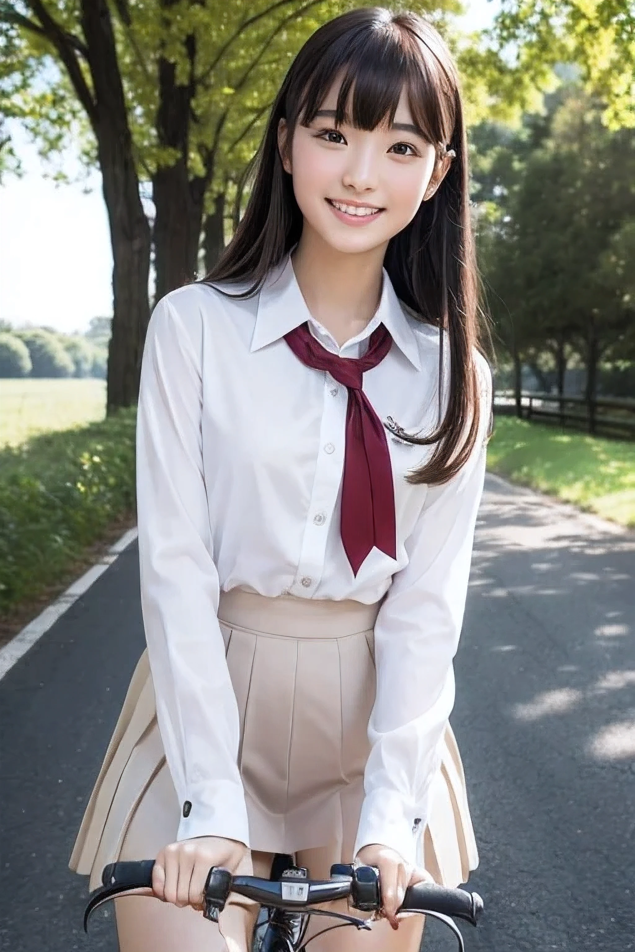 32k、highest quality、masterpiece、超A high resolution、photograph、The elegance of beautiful Japanese women、Single-lens reflex camera、There are some good ones too、A transparent atmosphere、sexy lip、slanted bangs、beautiful face、long hair、make bangs、smile、natural soft light、One 18-year-old high school girl in uniform、country road、riding a bicycle