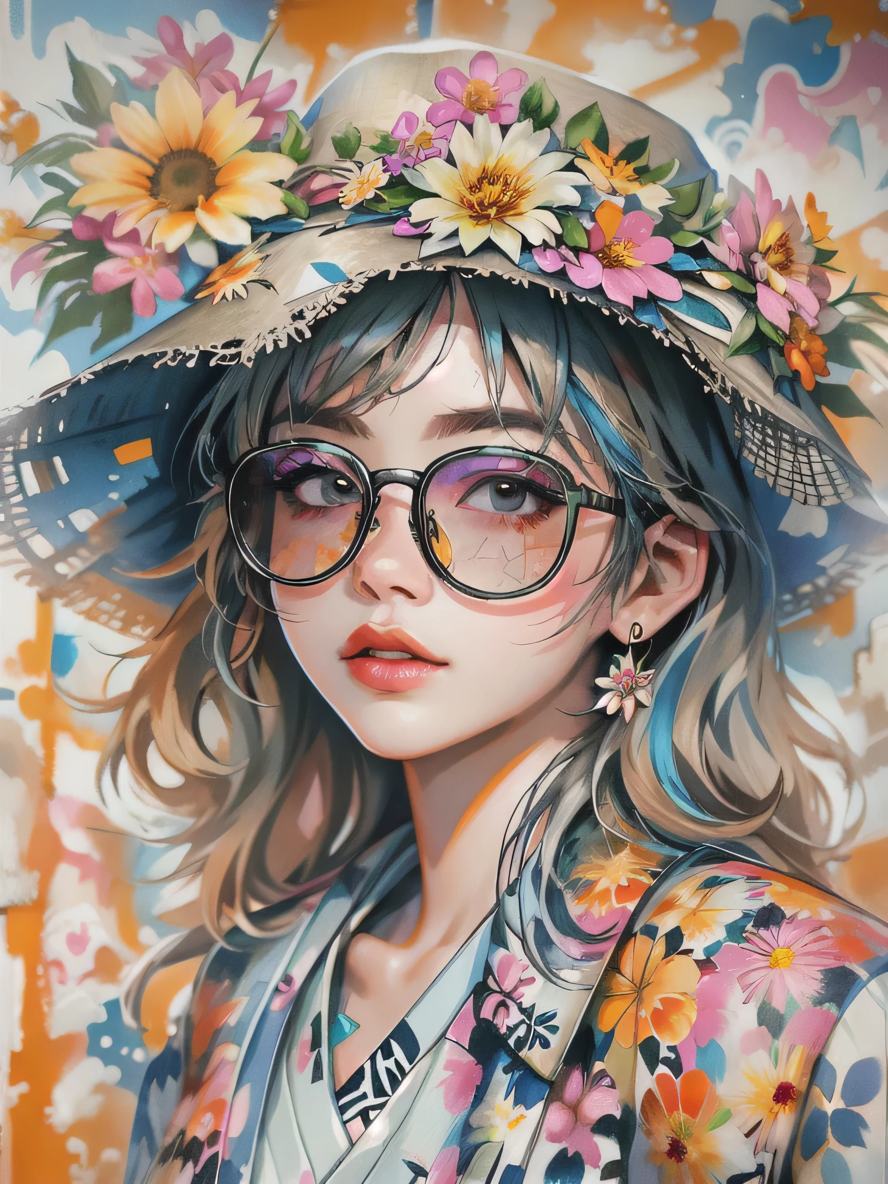 8K quality, watercolor painting, stylish design, (((The strongest beautiful girl of all time))), (((Japanese)))、Idol、clear, Stylish sunglasses, Fashionable hats, (((highest quality))), bob hair, lips in love, HDR, ((Detailed details)), stylish fashion, detailed clothing texture, (((graffiti art))), colorful hair, ((masterpiece))、((Super detailed))、(((colorful flowers)))