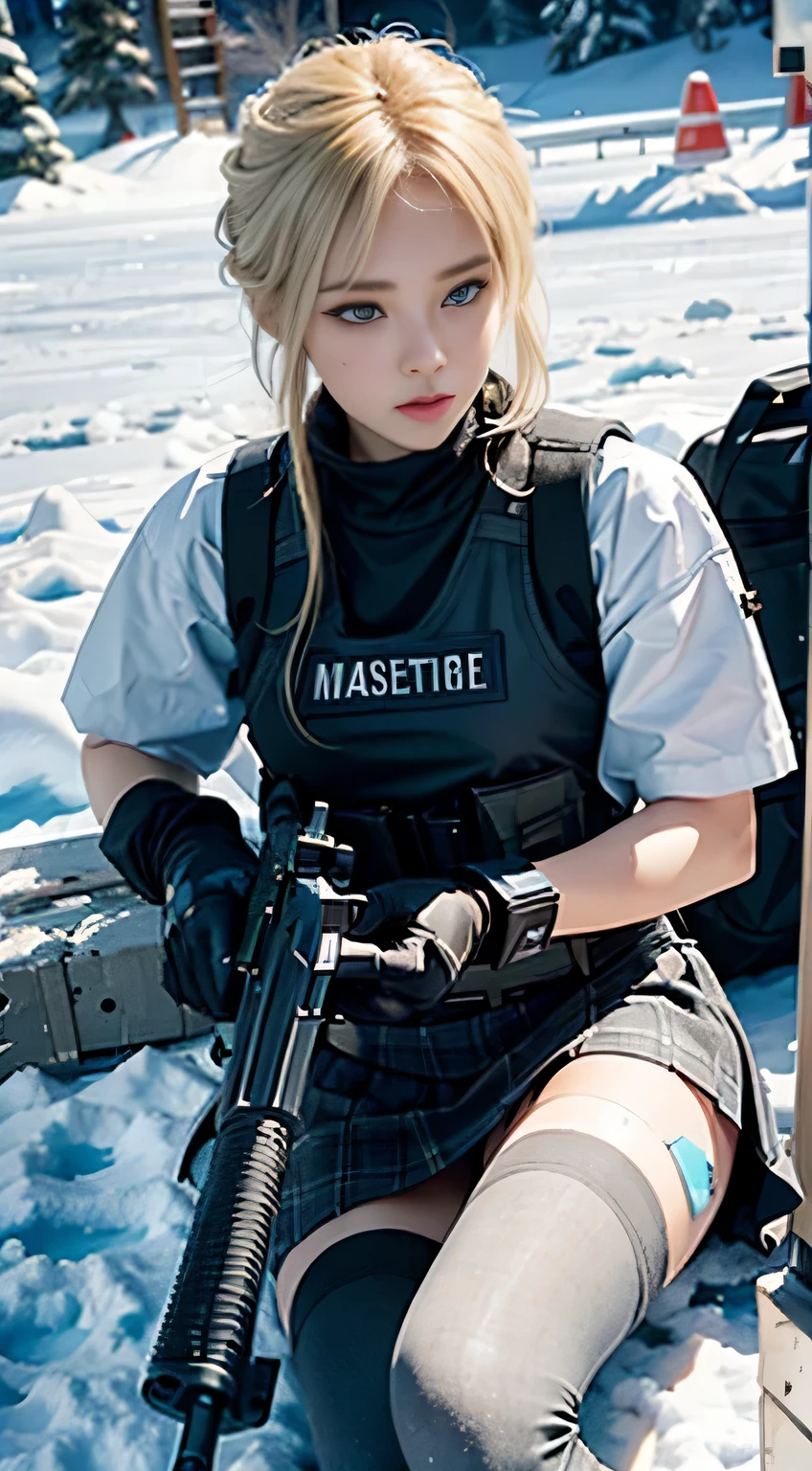 ((Best quality)), (Masterpiece), Photorealistic, Photorealism, A girl lies down and aims with an AK-47 assault rifle, Mini skirt, (upper legs), Photorealistic, high resolution,Snow background, looking to the camera, (Detailed face), coiffed blonde hair, SWAT vests, Gun, jewelry，Black gloves,, Fingers are occluded
