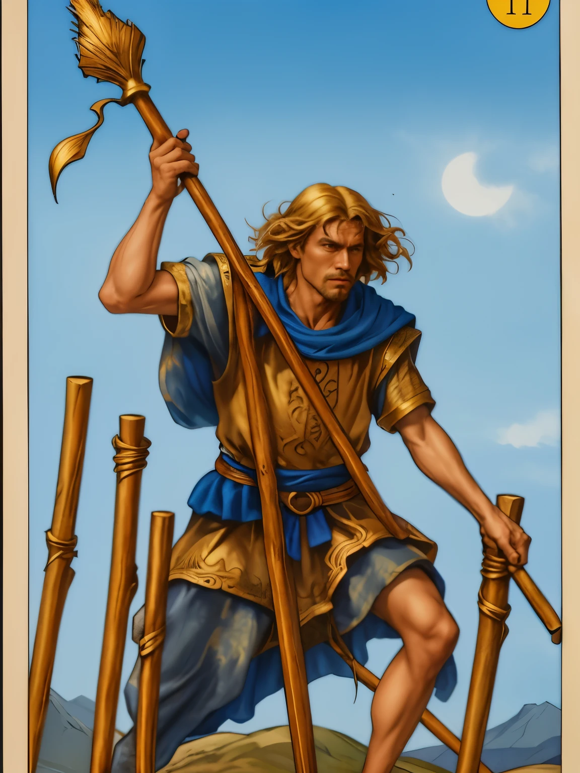 The Tarot card "seven of wands" depicts a man with a wooden staff, he stubbornly fights off six other wooden staffs, stylized in blue and gold colors, full hd, hyper realistic, realistic style, the best quality