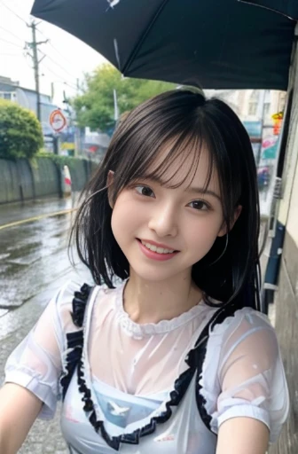 ((best quality, 8K, masterpiece: 1.3)),upper body,Black Hair, black eye,sharp focus: 1.2, beautiful woman with a perfect body: 1.4, ((Medium Hair, large: 1.2)), (small and beautiful hard (White long sleeve blouse with lace、Silk Tight dark turquoise long skirt), (wet from rain: 1.2), (rain, street: 1.2), wet body: 1.1, Highly detailed face and skin texture, detailed eyes, double eyelids, White skin,,E cup,smile,Financial district of the big city,Skyscraper,White skin,Wet Hair、Wet Skin、Wet clothes、smile、 