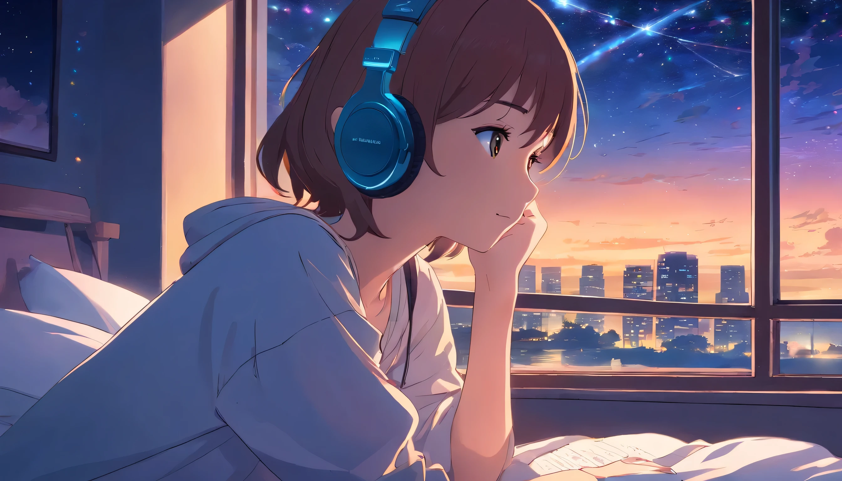 A girl listens to music with headphones by the window next to the bed,Many stars in the night sky cell phone in hand