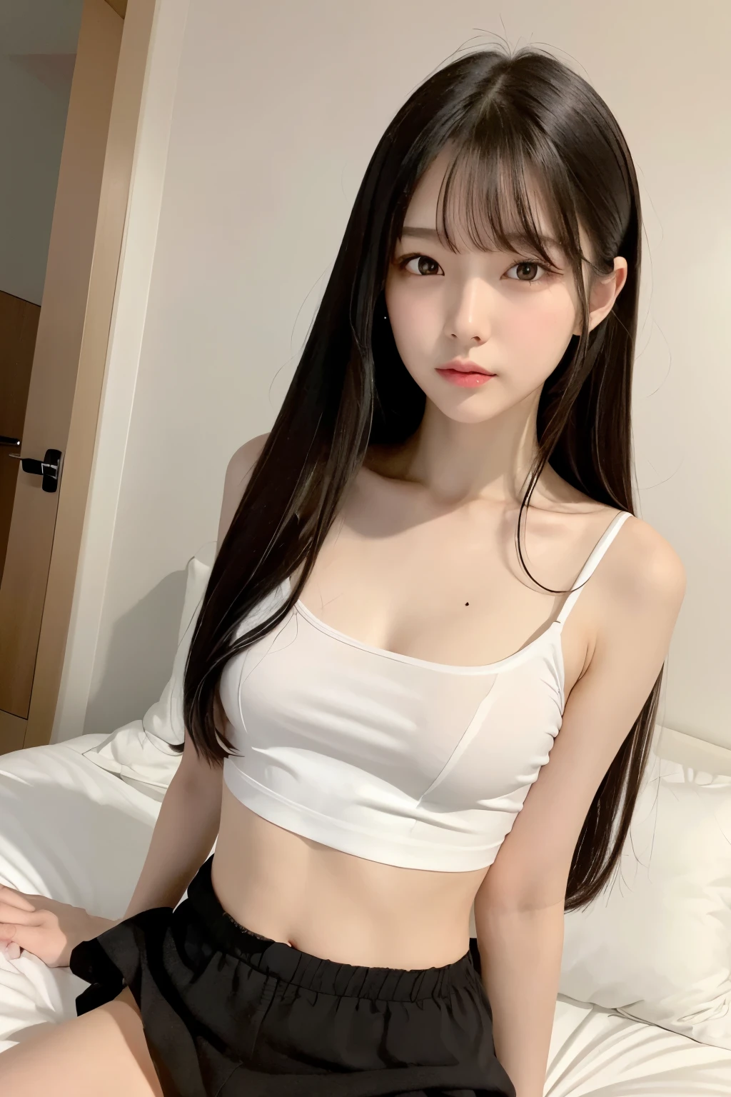 best quality, highres,Slender、brown eyes、tall、black hair、(semi-long:1.3),straight hair、Hotel、dark room、sleep on your back on the bed、black panties、white camisole、A small mole on the chest
