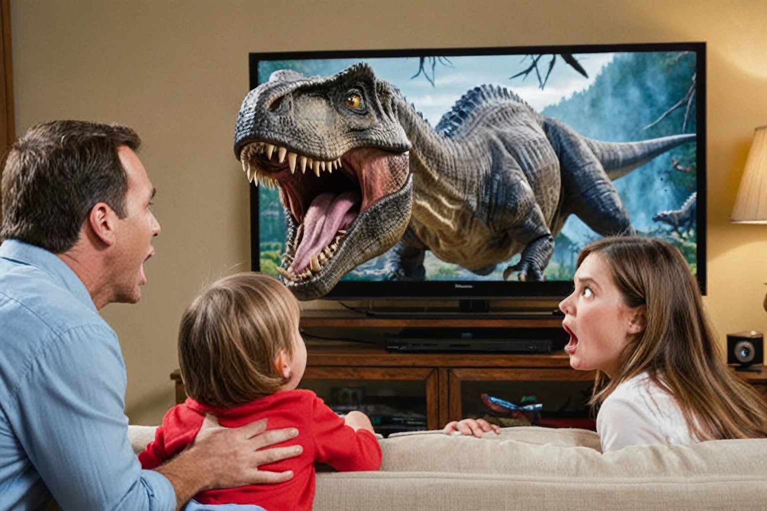 ((view from the side:1.33)), A thrilling photo of a family watching TV, unaware of the imminent danger. Suddenly, a dinosaur leaps out of the screen, roaring loudly, and terrifies the family. The TV screen is shattered, and the dinosaur's eyes glint with ferocity. The family members are frozen in fear, with their mouths agape, while the dinosaur's claw is extended, ready to pounce., photo
