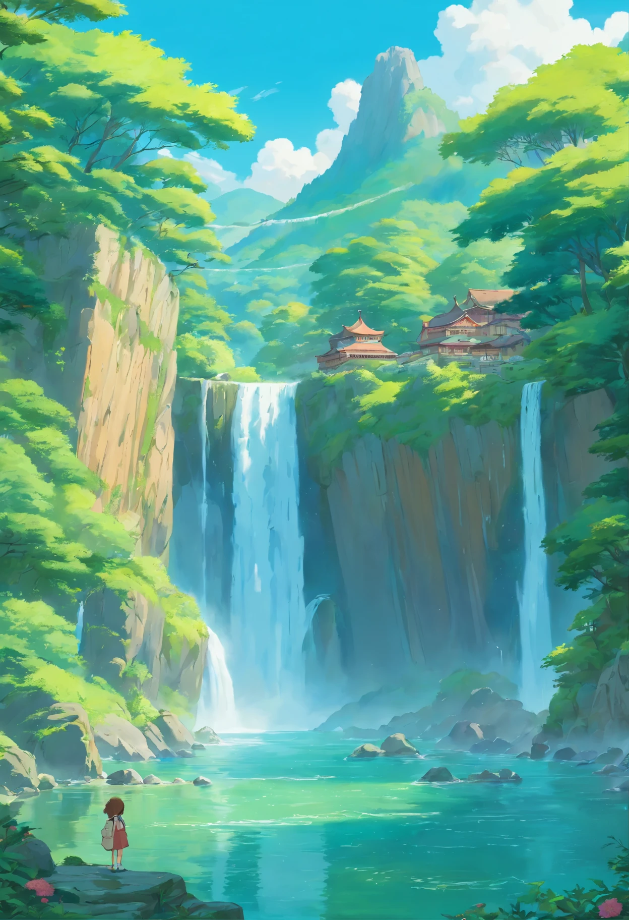 Make 3 art images that connect side by side of nature, lake and waterfall