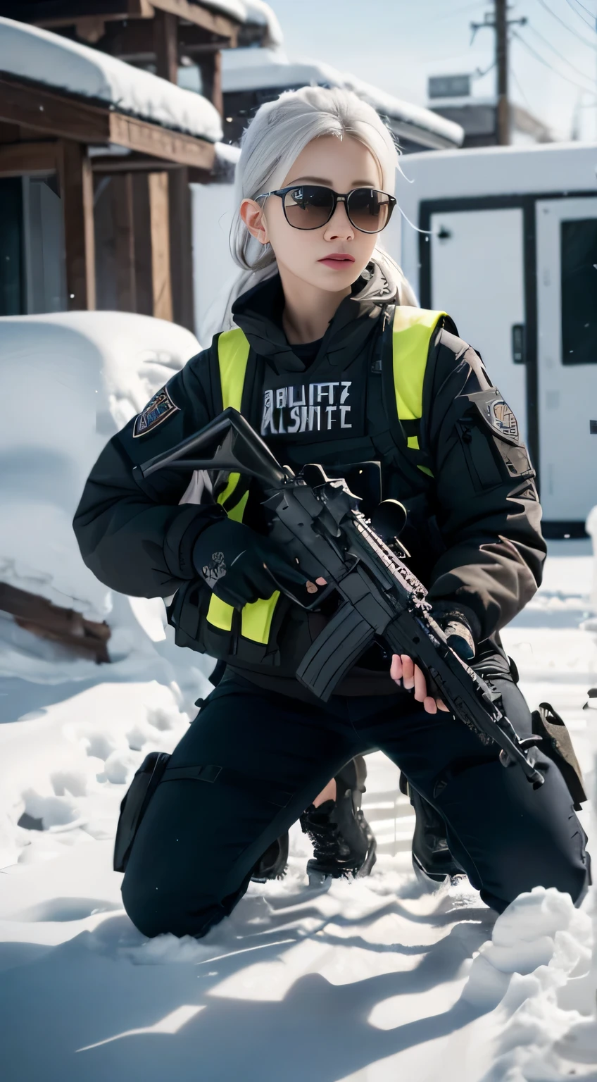 ((Best quality)), (Masterpiece), Photorealistic, Photorealism, 1 girl kneeling and aiming with an AK-47 assault rifle, Photorealistic, high resolution,Snow background, looking to the camera, (Detailed face), White hair, SWAT vests, Gun, jewelry,Black gloves, sunglasses on head, Fingers are occluded