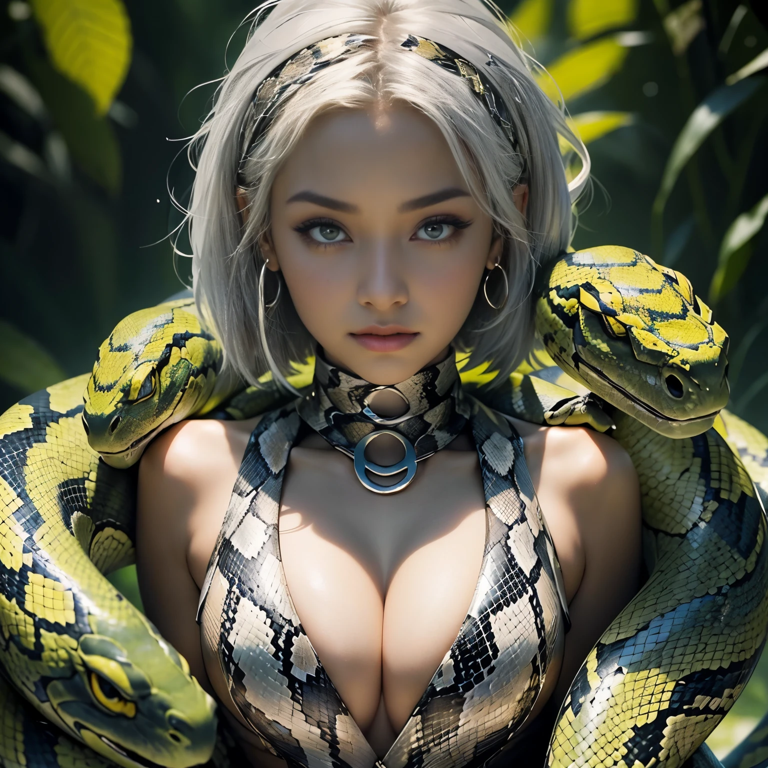 Tia is shown to have a fairly slender figure. She has white-grey hair , she has short hair and large pale green eyes, A beautiful girl wearing brightly colored clothes, snakes wrapped around her neck in an overlapping and overlapping manner, and the snakes descended on her hand and I planted them. The snakes are shown beautifully intertwining with each other to form a wonderful design.
This image indicates strength, boldness and control. Snakes symbolize danger and threat, yet the girl controls them and controls them with confidence. Snakes highlight extreme beauty and courage, which women also reflect.
The image also shows the aesthetic importance of coordination and gradation, as different colors blend together and fit well with the beauty of snakes. This also indicates the profound importance of balance and harmony in life., cleavage exposed, big breasts, superior quality, many details, Puri focus Sharp and realistic