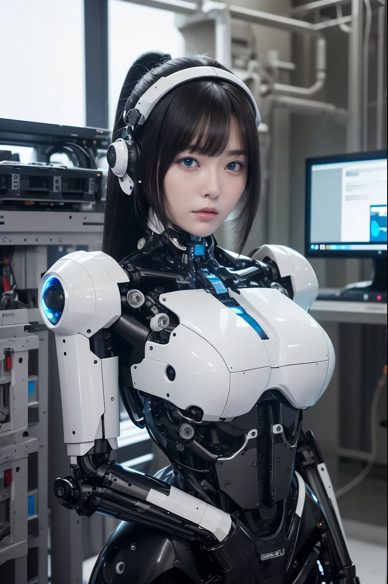 masterpiece, best quality, extremely detailed, 8K portrait,1girl in, Japaese android girl,android teacher,Plump , control panels,android,Droid,Mechanical Hand, ,Robot arms and legs, Black hair,Mechanical body,Blunt bangs,White Robotics Parts,perfect robot woman,Charging spot,perfect mechanical body,white robotics body,android assembly plant,white body,She has repaired,black sponge joints,android,laboratory,perfect machine body,white robot body,blue eyes