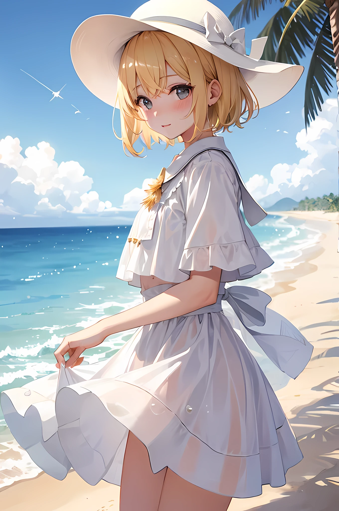 1girl, blonde short hair, white blouse, standing on beach, sunny, water droplets, white sun hat, blushing, looking at viewer, water effects, closeup pov, 
