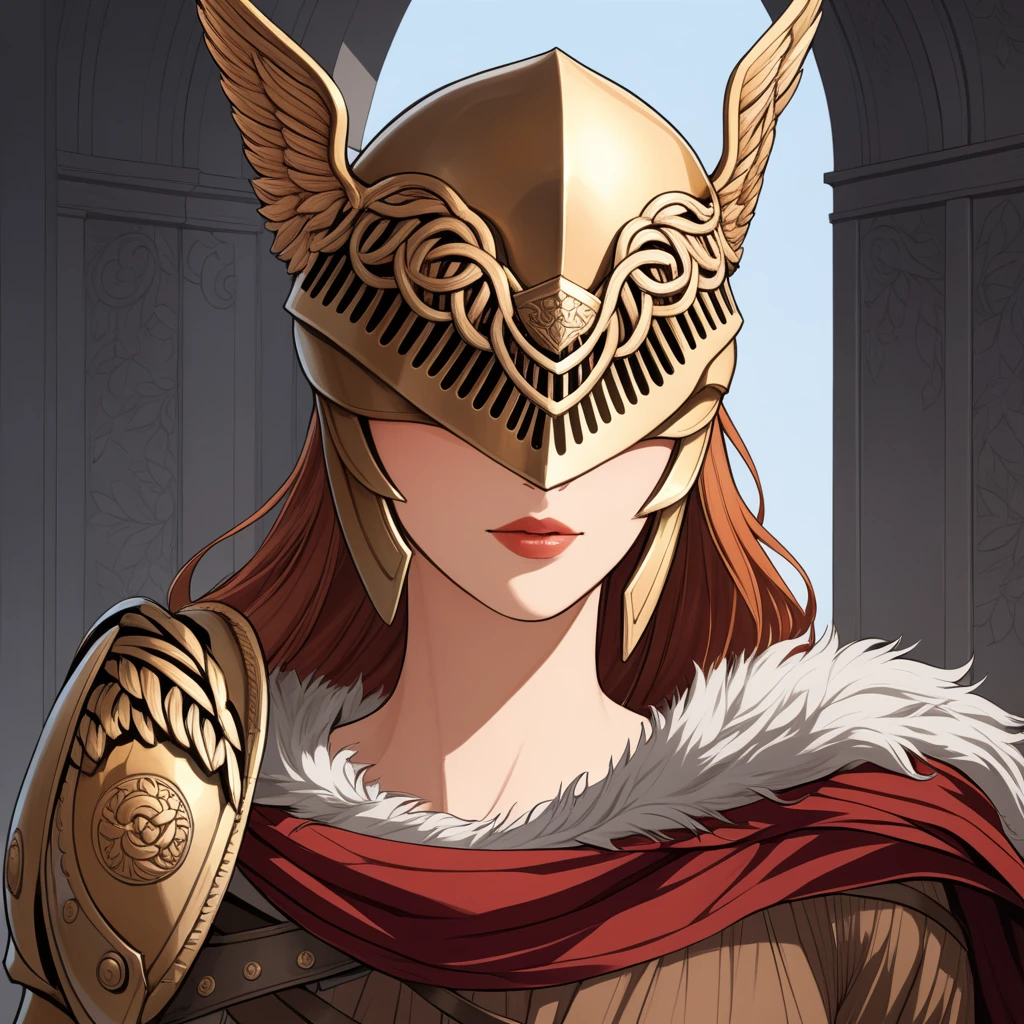 Highly detailed, High Quality, Masterpiece, beautiful, MaleniaDef, armor, cape, helmet, brown dress, covered eyes, peeking out upper body