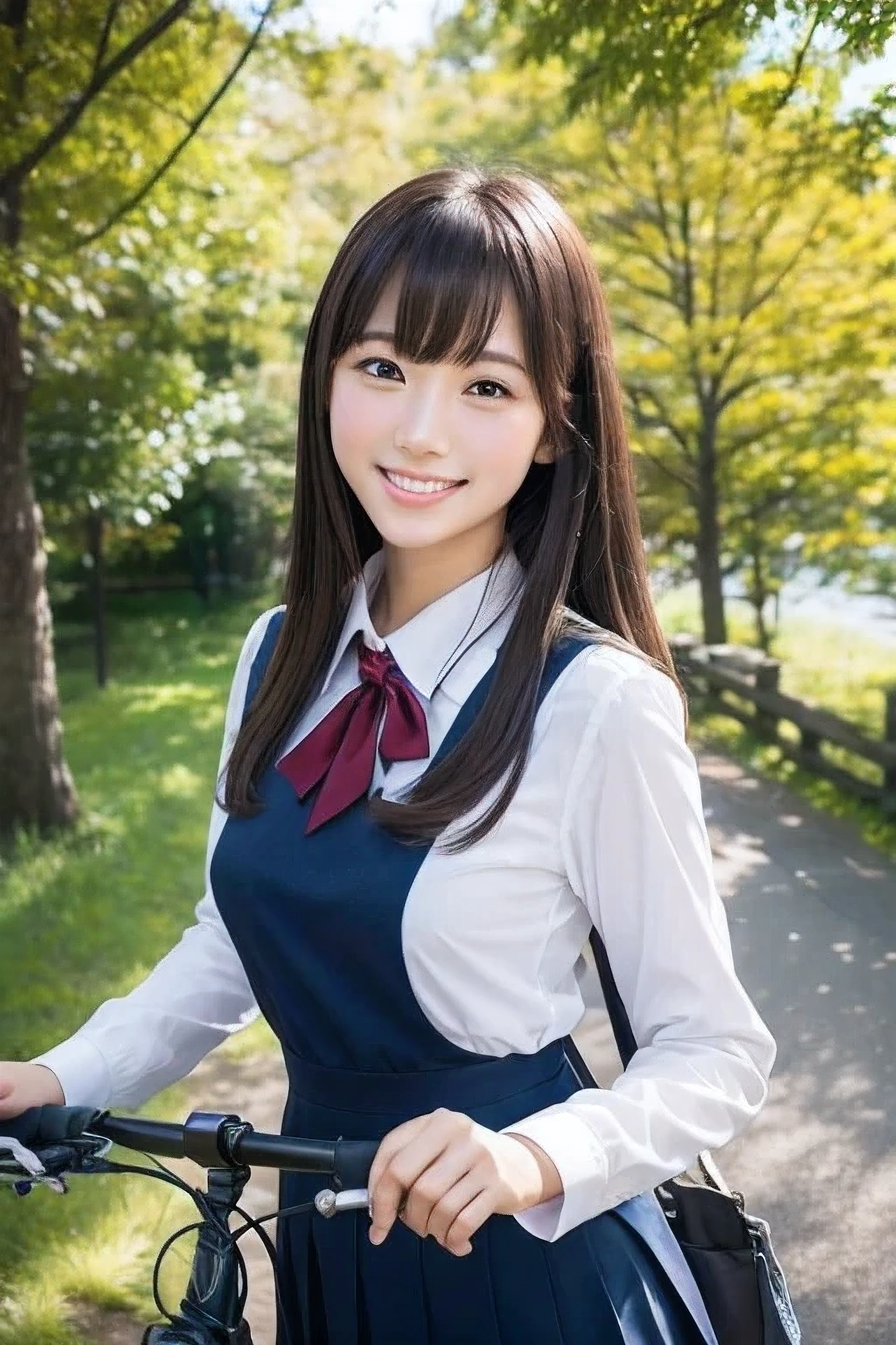 32k、highest quality、masterpiece、超A high resolution、photograph、The elegance of beautiful Japanese women、Single-lens reflex camera、There are some good ones too、A transparent atmosphere、sexy lip、slanted bangs、beautiful face、long hair、make bangs、smile、natural soft light、One 18-year-old high school girl in uniform、country road、Push the bike