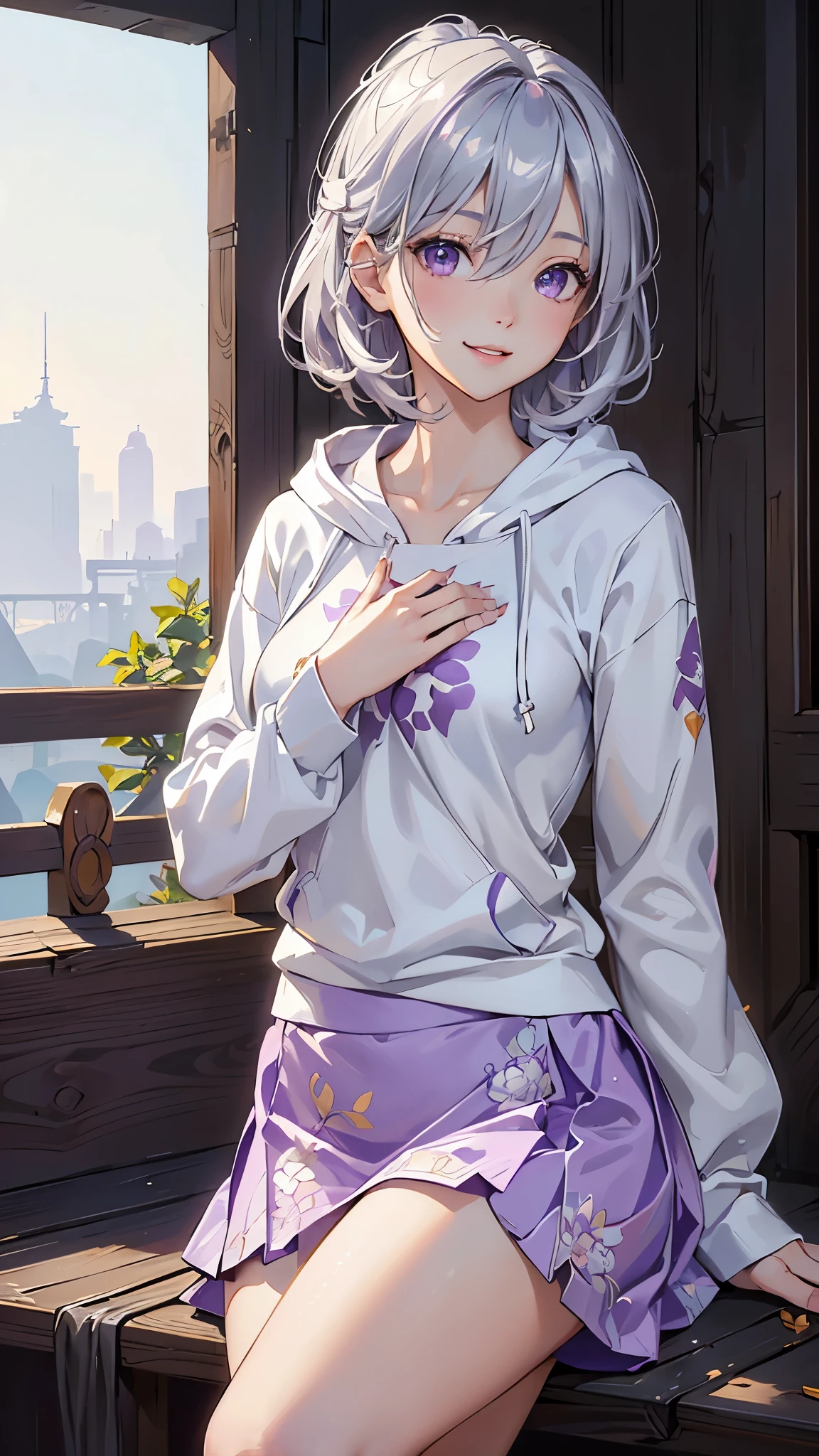 (masterpiece:1.2, highest quality), (realistic, photorealistic:1.4), beautiful illustrations, (natural side lighting, movie lighting), NSFW, looking at the viewer, face focus, Upper body, 1 girl, Japanese, high school girl, perfect face, Cute symmetrical face, shiny skin, (short hair:1.2, messy hair:1.2, silver hair), hair between eyes, maroon eyes, slanted eyes, long eyelash, (medium breasts), thin, beautiful hair, beautiful face, detailed and beautiful eyes, beautiful clavicle, beautiful body, beautiful breasts, beautiful thighs, beautiful feet, beautiful fingers, ((fine cloth texture, long sleeve white hoodie, purple cat print shirt, black mini skirt)), (beautiful scenery), , evening, (outdoor), (cute smile, open your mouth),