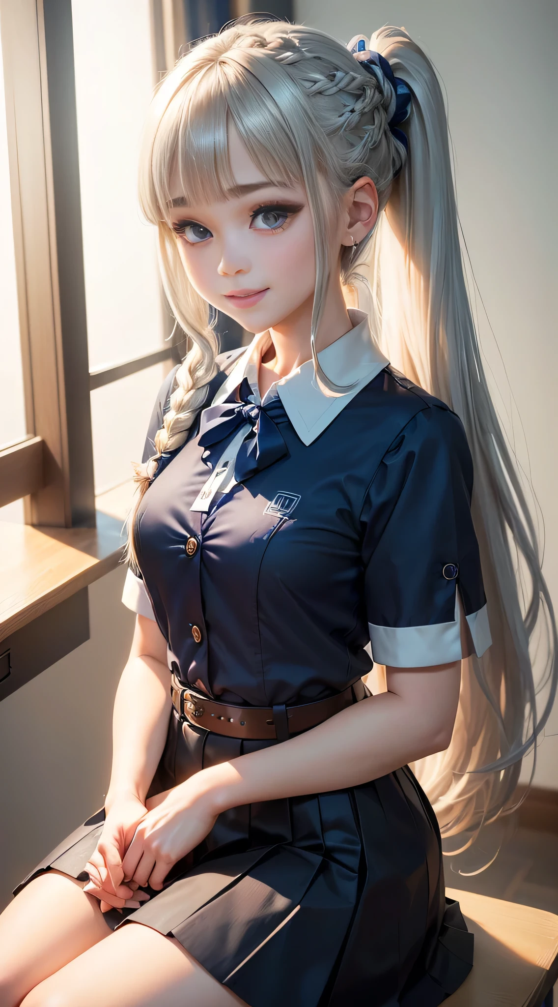 (Sitting on a chair in a school classroom)、(18 year old beautiful woman),( それぞれのpeople々is sitting)((Tall and stylish))blonde hair, silver hair, brown hair, black hair, Braid, bangs, 鈍いbangs, Braided ponytails, shoulder hair, long hair, ponytail, Braided bun, Turn one side of your hair up, ローponytail, hairpin, hair band, ribbon, hair scrunchie, 白いhair band, head lease, aqua eye, Big eyes, shine瞳, opened my eyes wide., compensate, open your mouth, smile, light smile, parted lips, smiley, shine, ashcan school, surrealism, 一people々point of view, landscape,( wide angle), f/1.8, 135mm, canon, nffsw, retina, table top, Accurate, anatomically correct, rough skin, Super detailed, advanced details, high quality, 最high quality, High resolution, (1080p), hard disk, 4k, 8K、(2people々々woman inside)short sleeve、white blouse、dark blue trim、collar shirt、ribbonタイ、knee length skirt、creased skirt、inspired by navy、Nautical colors、(kimono)、Blazer Style Uniform、