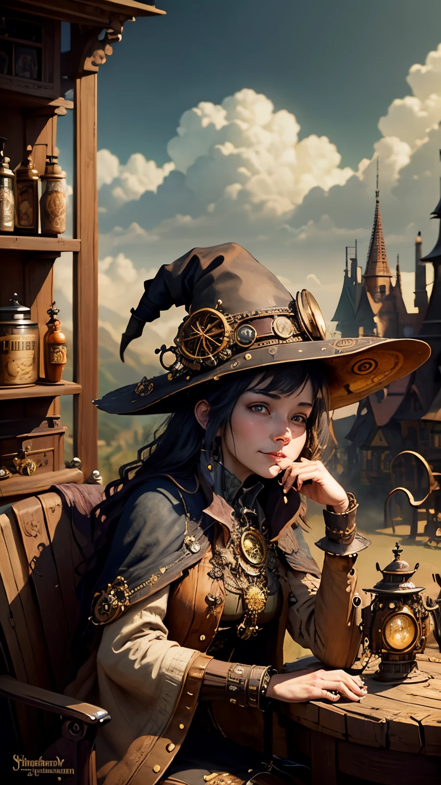 steampunkai。highest quality。masterpiece。detailed details。one woman。steampunk witch。Something is simmering in the witch's cauldron.。high laughter。The background is inside the witch's house。