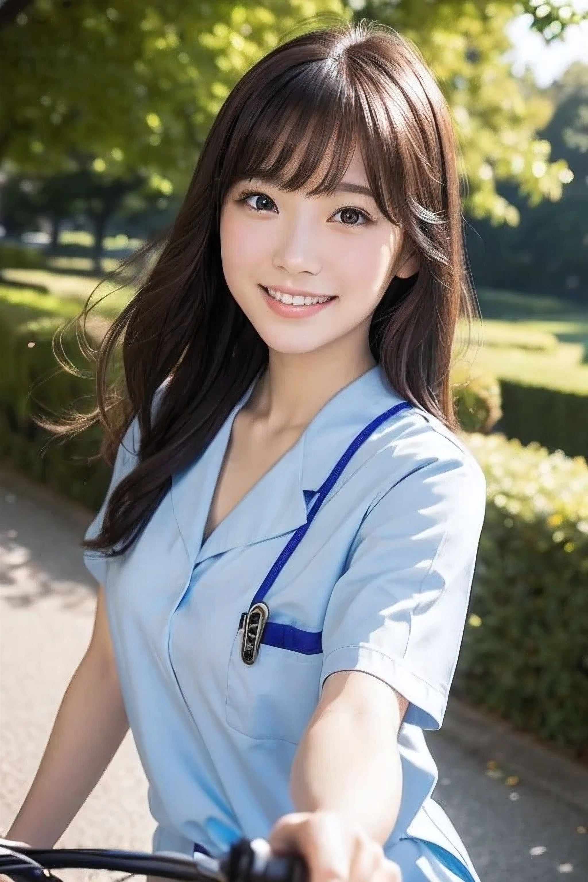 32k、highest quality、masterpiece、超A high resolution、photograph、The elegance of beautiful Japanese women、Single-lens reflex camera、There are some good ones too、A transparent atmosphere、sexy lip、slanted bangs、beautiful face、long hair、make bangs、smile、natural soft light、18 year old wearing a nurse uniform、country road、Push the bike