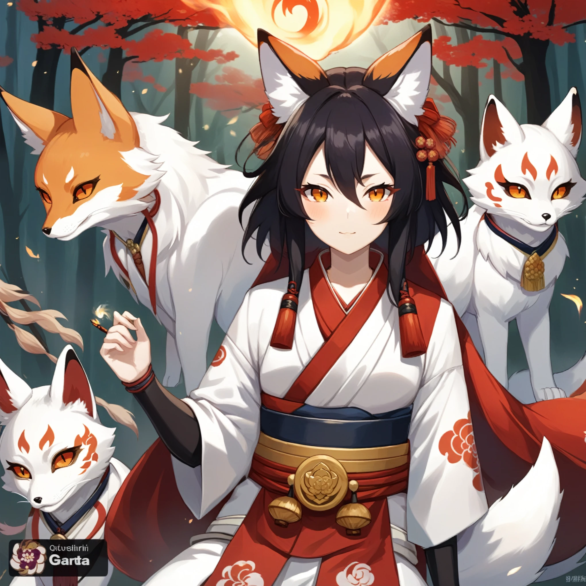 garota de anime com quatro gatos na frente dela, raposa e arbusto, Kitsune three - tailed fox, Kitsune, Onmyoji detailed art, Onmyoji, Onmyoji portrait, a beautiful Kitsune woman, Kitsune holding torch, colorful Kitsune city, with Kitsune mask, quimono, Kitsune inspired armor, anime raposa branca, genshin