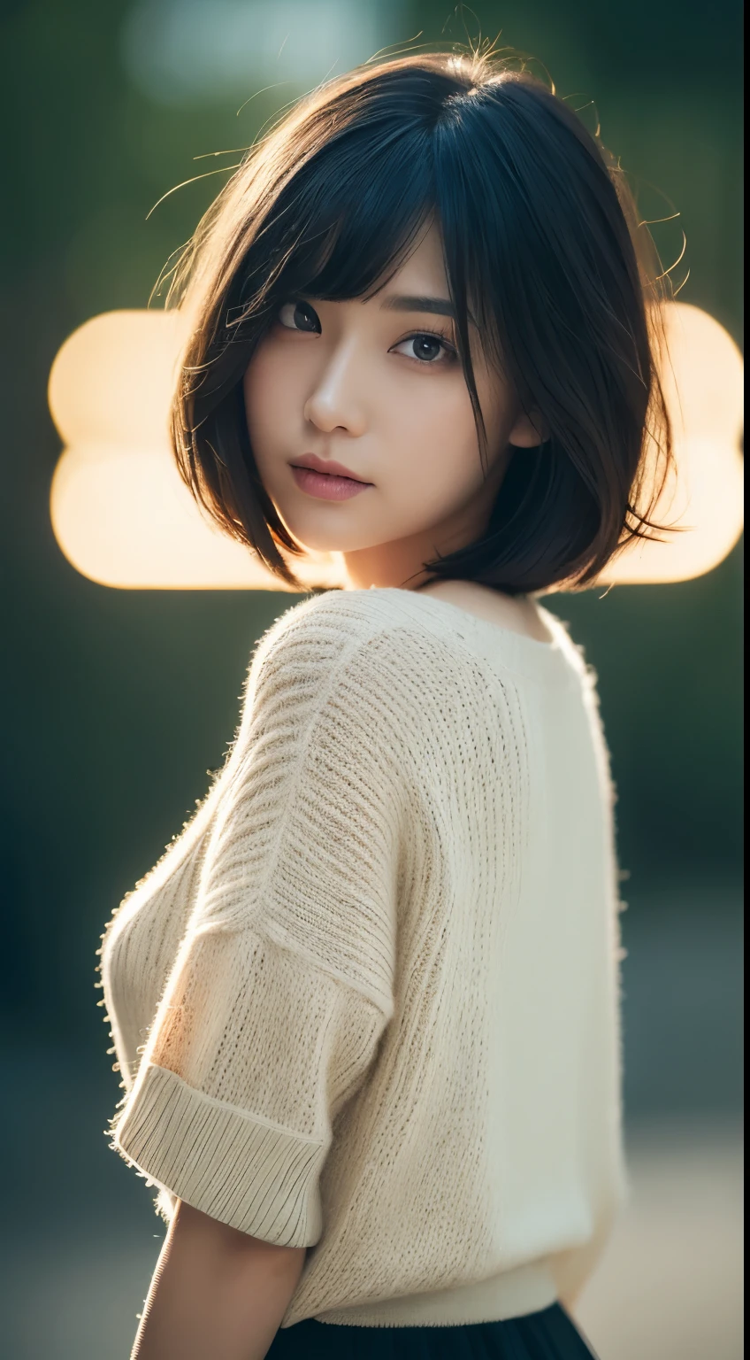 (top quality, Masterpiece, high resolution), (authenticity),beautiful japanese girl, Lovely, Gravure idle picture, detailed, detailed eyes, detailed skin, beautiful skin, beautiful skin, thin and long, (wallpapene details, detailed face, sad, sweater, skirt, Look straight ahead,From the waist up, bright lights, professional lighting, (A black-haired one, bob hair, layer cut, swaying in the wind, Bangs),