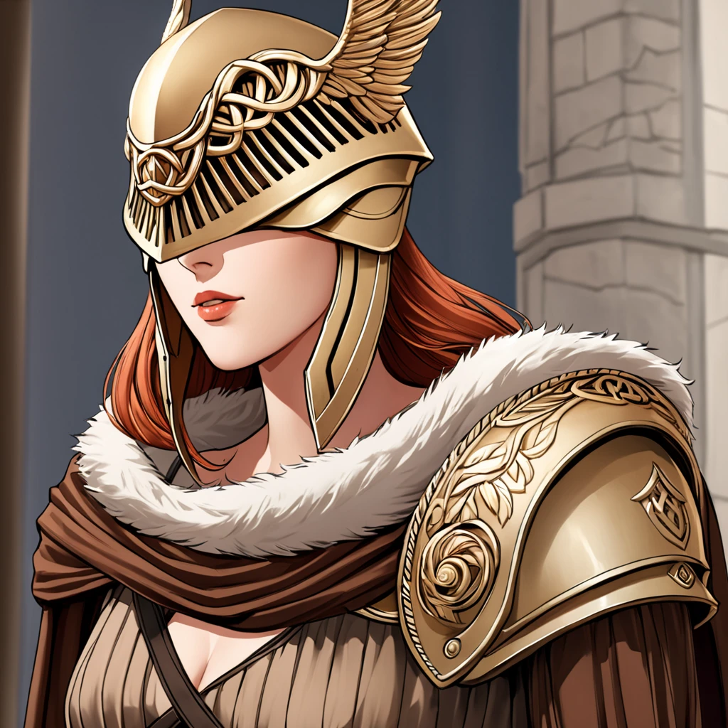 Highly detailed, High Quality, Masterpiece, beautiful, MaleniaDef, armor, cape, helmet, brown dress, covered eyes, peeking out upper body