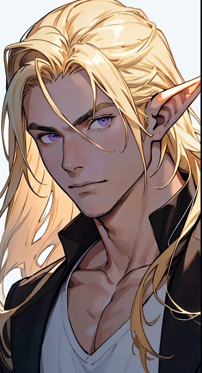 (masterpiece), best quality, high quality, 1 boy, young adult, beautiful face, handsome, sunlight, elf ears, pointy ears, handsome, blonde hair, long hair, beautiful hair,tidy hair, purple eyes, black jacket, white tank top, upper body, simple background, looking ahead, body forward, portrait, face focus, muscle,