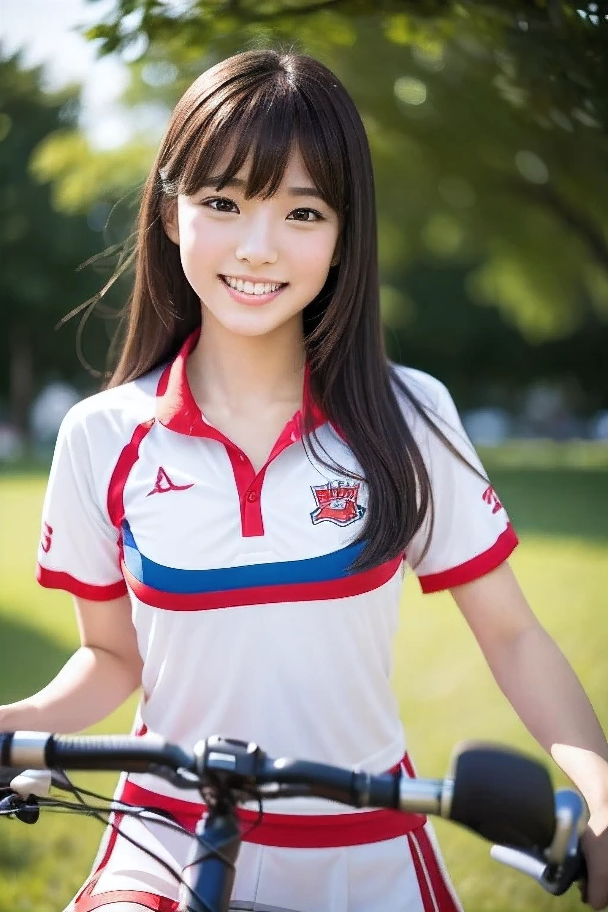 32k、highest quality、masterpiece、超A high resolution、photograph、The elegance of beautiful Japanese women、Single-lens reflex camera、There are some good ones too、A transparent atmosphere、sexy lip、slanted bangs、beautiful face、long hair、make bangs、smile、natural soft light、18 year old wearing cheerleading uniform、country road、Push the bike