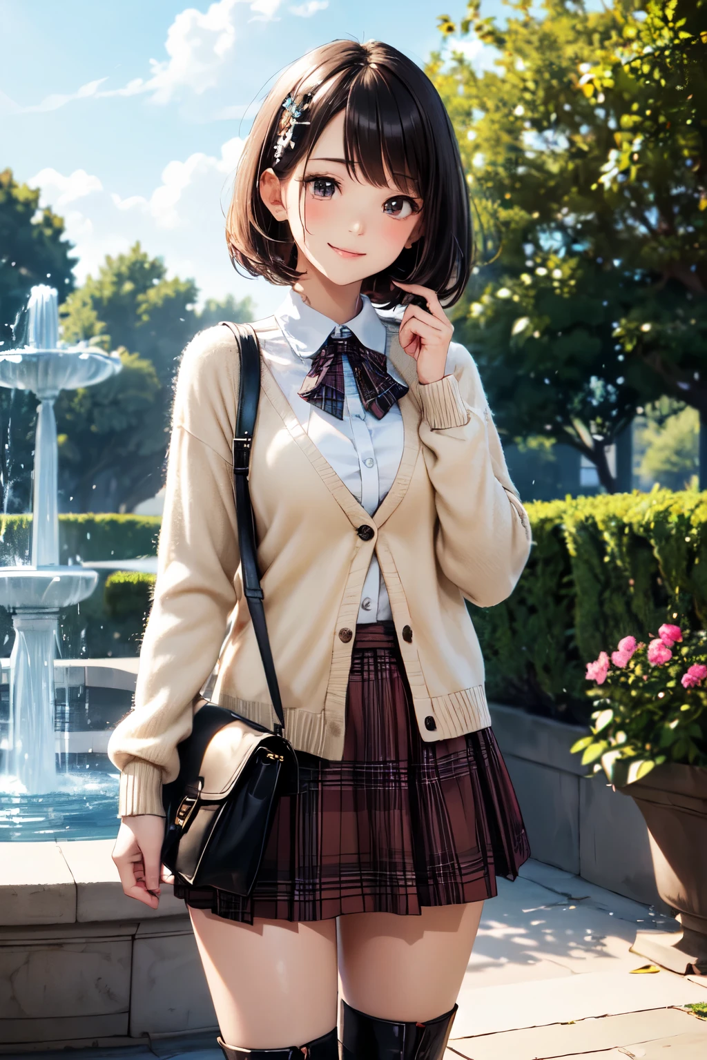 very cute and beautiful girl,teen,(highly detailed beautiful face),(white blouse),(smile),
(beige cardigan:1.2) BREAK (brown shoulder bag),(brown plaid mini skirt:1.2),zettai ryouiki,
stylish  pose,hair ornament,black hair,black boots,arbor in rose garden,water fountain,
(best quality,masterpiece:1.2),absurdres,highres,ultra-detailed,extremely detailed,32k,8k resolution,
intricate details,cinematic scene,detailed background,solo,dynamic angle,
hair fluttering in the wind,beautiful detailed sky,