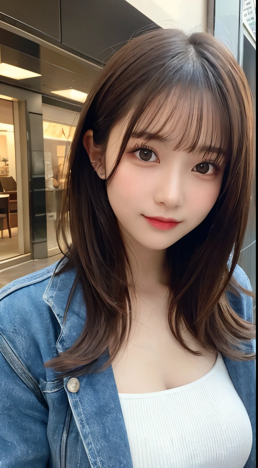 table top, highest quality, shape, Super detailed, finely, High resolution, 8k wallpaper, 完璧なダイナミックな構shape, beautiful and detailed eyes, small breasts,natural color lip, smile、20 year old girl、cute、looking at the camera,Always blur the background,perfect and beautiful face,Take only the face,Beautiful and dense face、slim face and style,Big eyes、Do gal makeup,real photos、Luxury Brand Jackets、one piece、casual pose、cute顔、straight hair