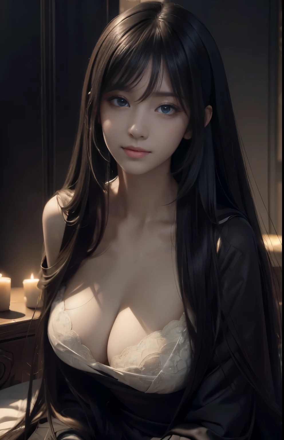 (Hyper-realistic) , (illustratio), (Increase the resolution), (8K), (extremely detaile), (Most Best Illustration), (Beautiful and delicate eyes), (best qualtiy), (ultra - detailed), (tmasterpiece), ( the wallpaper), (Detailed face), solo, looking at viewert, exquisite detailing, Detailed face, in the darkness nigth, deep shading, low tune,pureerosfaceace_V1, ssmile,long whitr hair,Black shawl straight hair,46 points oblique bangs,big breasts exposed cleavage