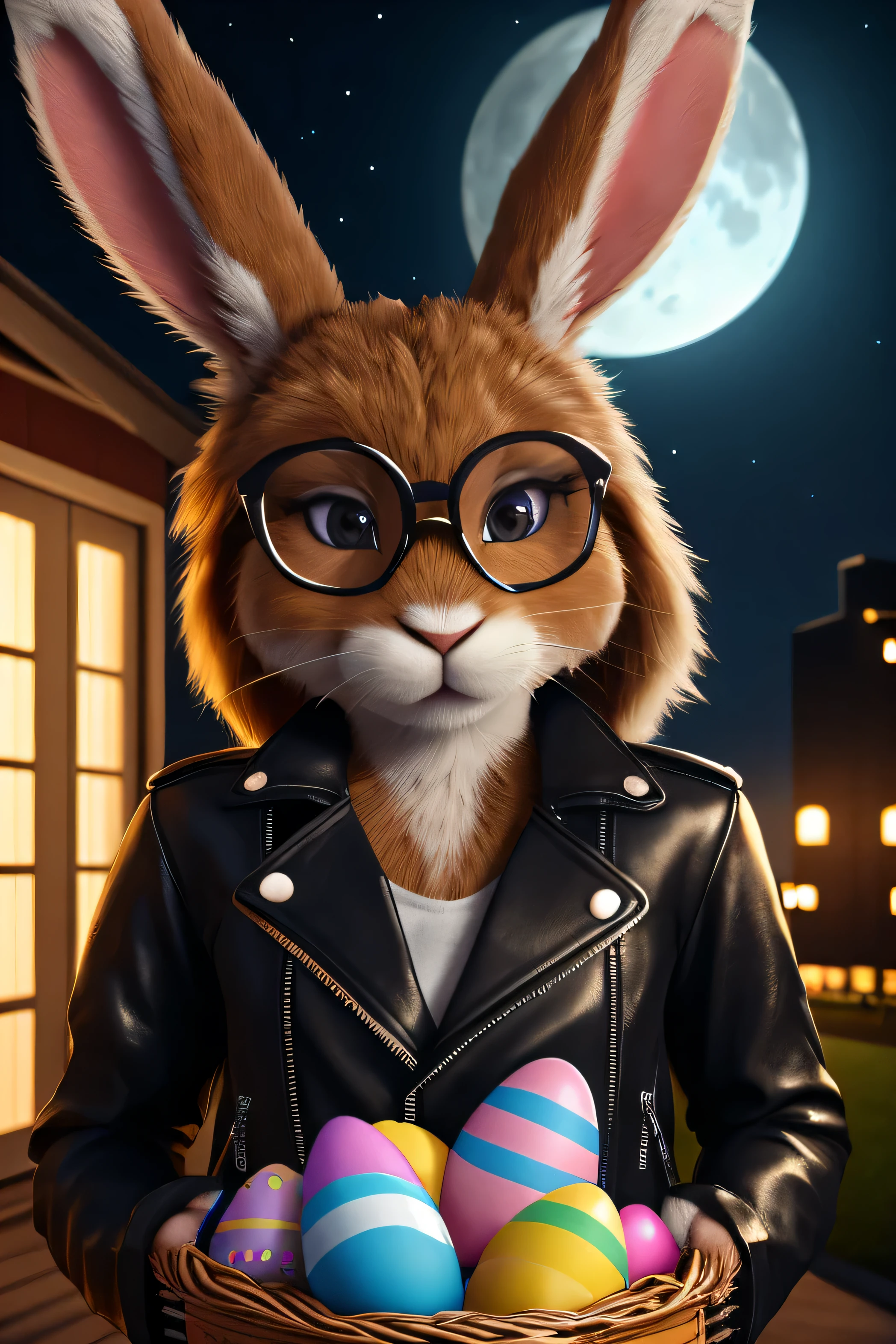 8k, ultra high detail, ultra realistic, unreal engine, ultra high quality, ultra high definition, cinematic, cool bunny rabbit, wearing glasses and leather jacket, wearing snickers, holding a basket of easter eggs, moonlight in the background