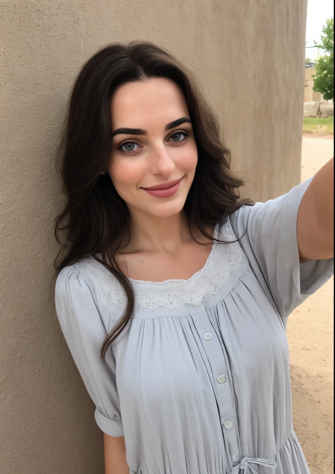 un selfie d&#39;une jolie jeune femme, prise avec l&#39;appareil photo de l&#39;iPhone, Femme de 30ans, mignonne, dark eyes, long dark hair, origines arabes, Thick eyebrows, peau blanche sans imperfections, very light makeup, souriante, naturelle, portant caftan, qualité photo hd, petit nez