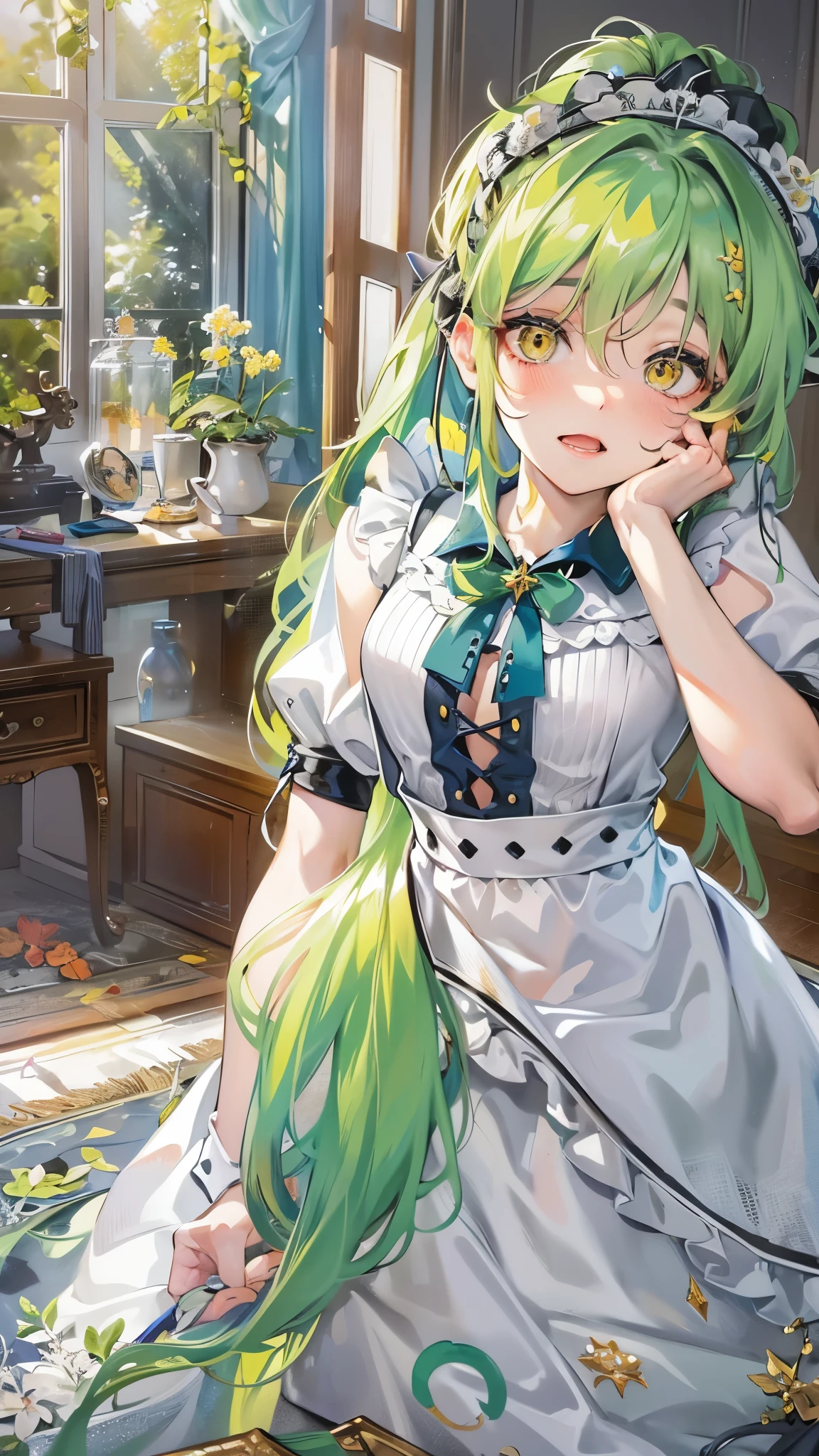 perfect anatomy, masterpiece:1.4, best quality, 8k, beautiful detailed grow, daydreaming expression, pov, looking up, (solo ponytail green hair long hair divine cute girl, , cute yellow eyes, blushing face, sexy glossy mouth), in a maid shirt, in the enchanted room.