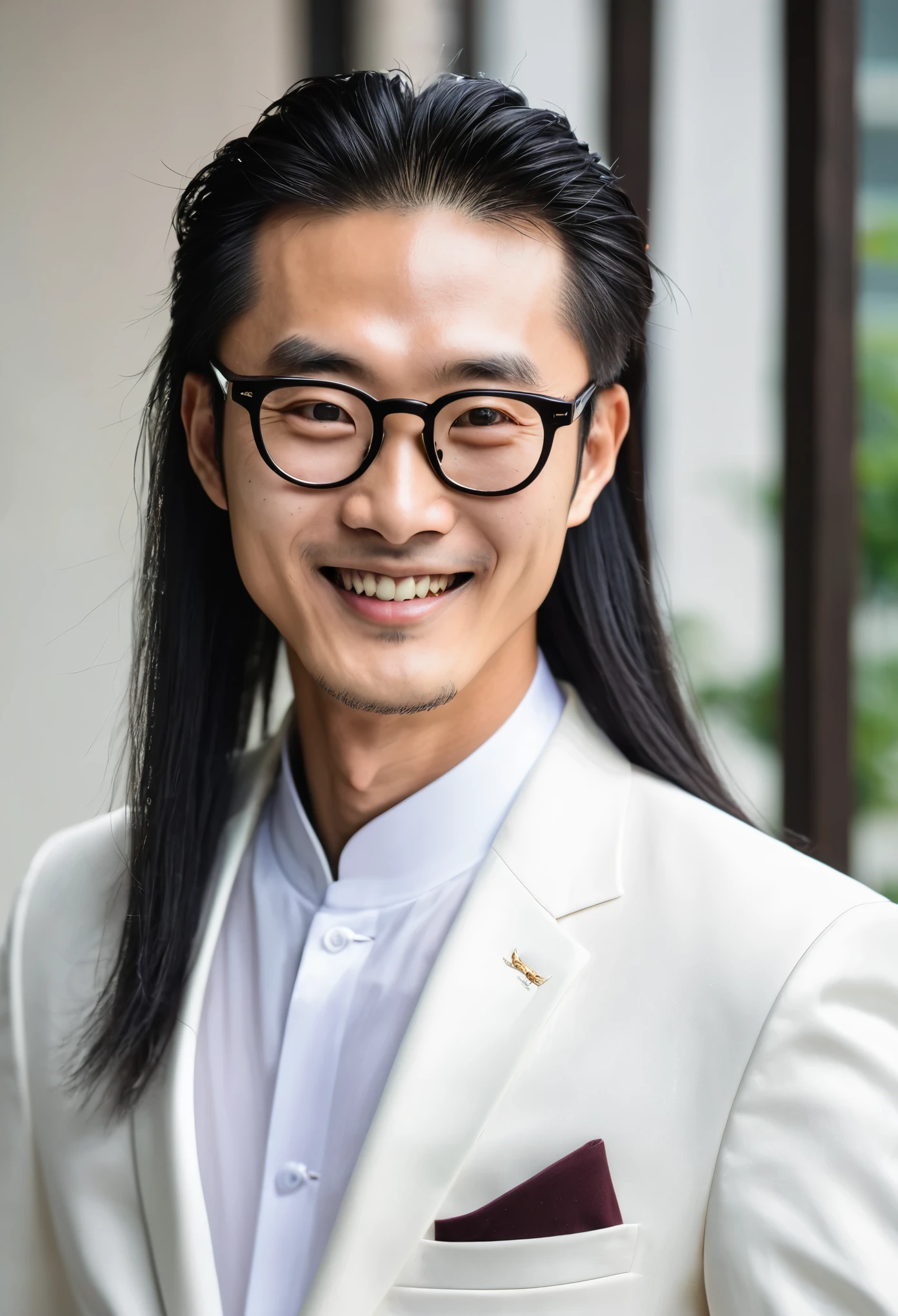 A chinese man with long tied-hair, with fox-like eyes, wearing eyeglasses, smiling mischievously, wearing a white-suit