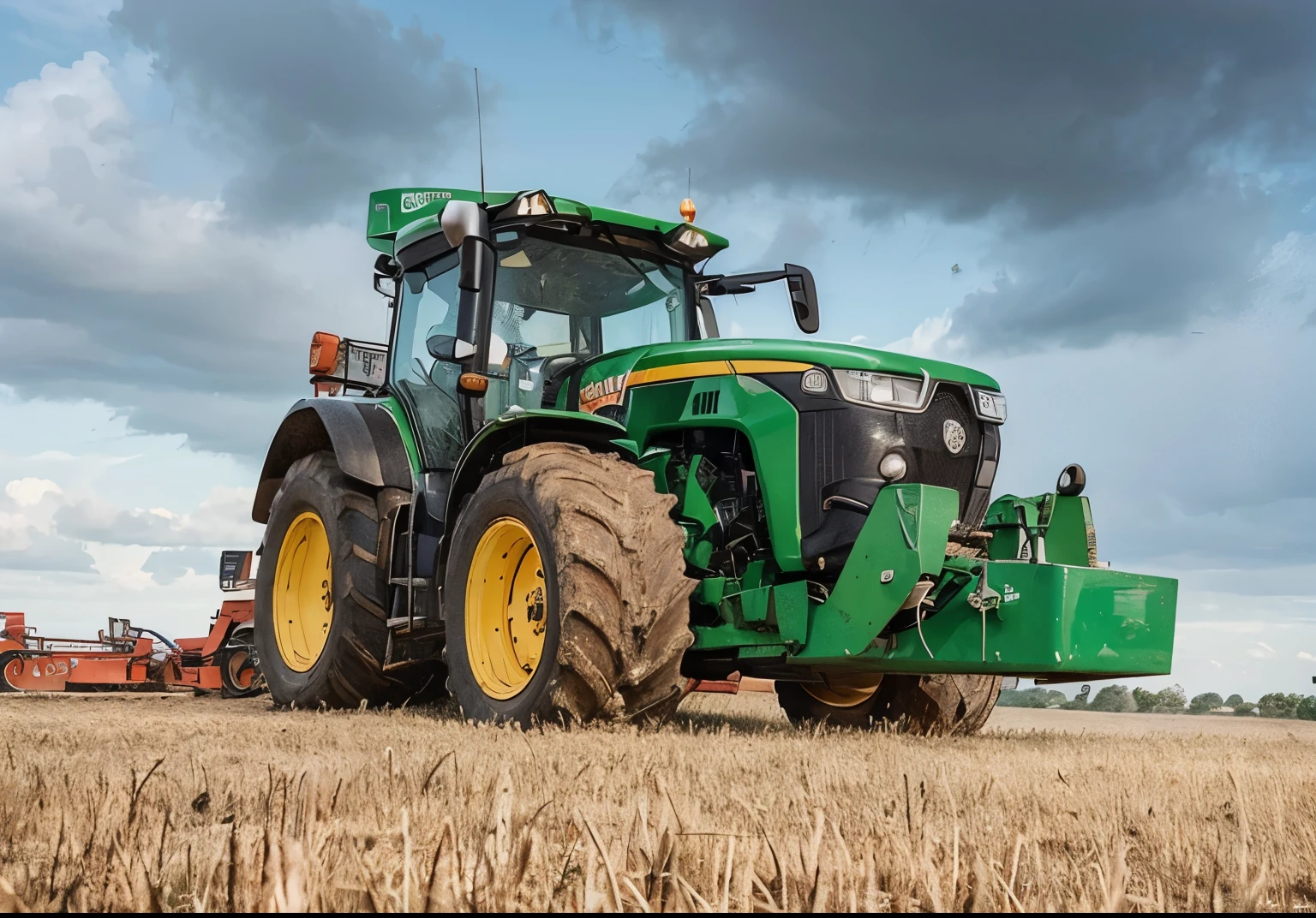 Coloca una persona delgada, morena con poca barba y el pelo corto junto al tractor